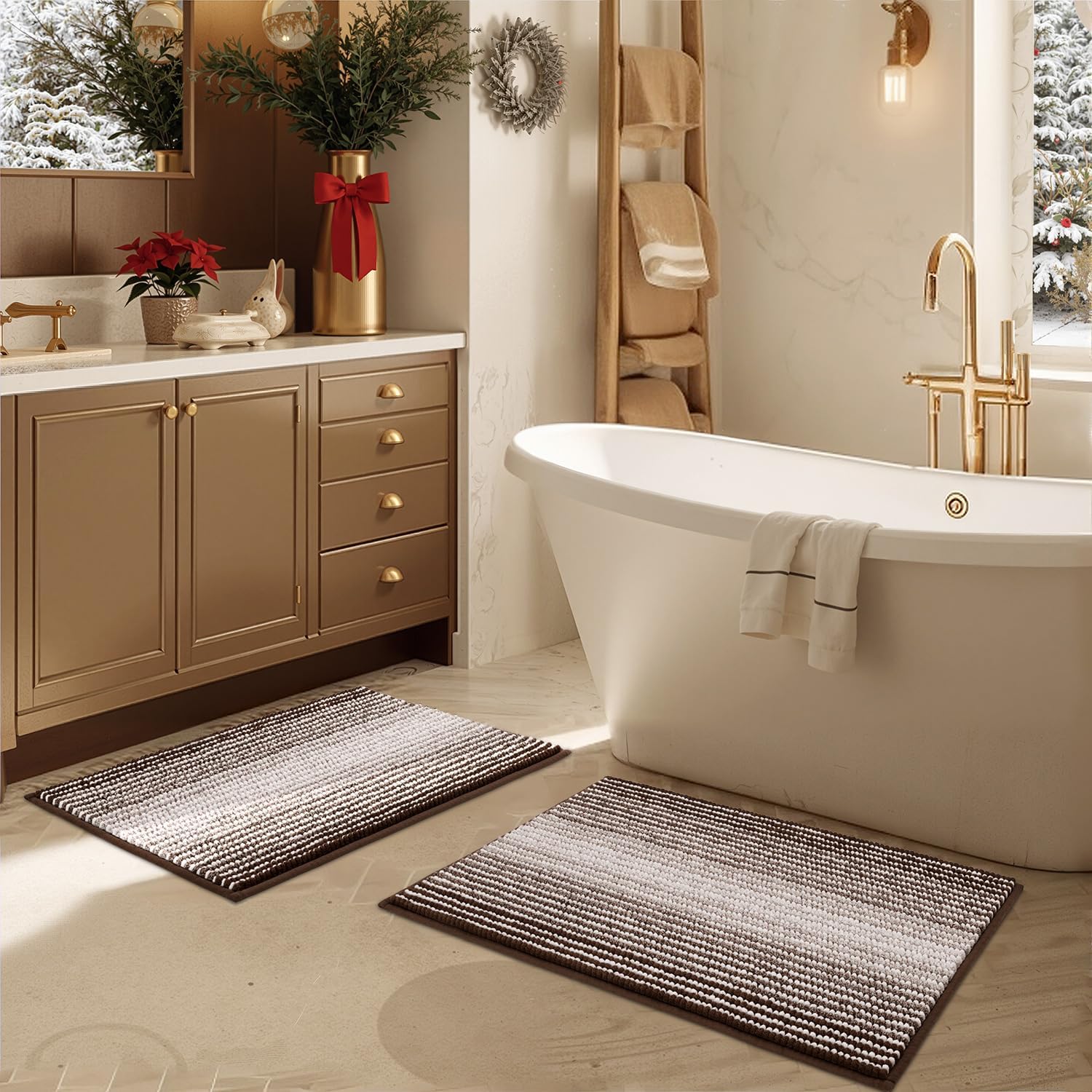 BSICPRO Bathroom Rugs and Mats Sets, 2 Piece Thick Absorbent Chenille Bath Mat Rug Set Non Slip, Soft Shaggy Bath Floor Mats for Bathroom, Machine Washable (20" x 47" Plus 16" x 24", Beige)