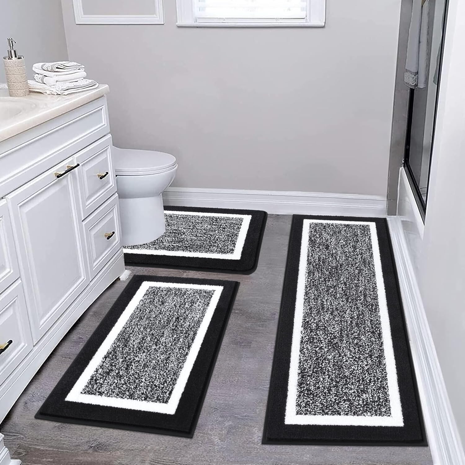 Pauwer Bathroom Rug Mat Set 3 Piece, Microfiber Shaggy Bath Set, Non-Slip Ultra Soft Carpet Mats, Absorbent with U-Shaped Toilet for Bathroom, Tub, Shower, Dark Grey