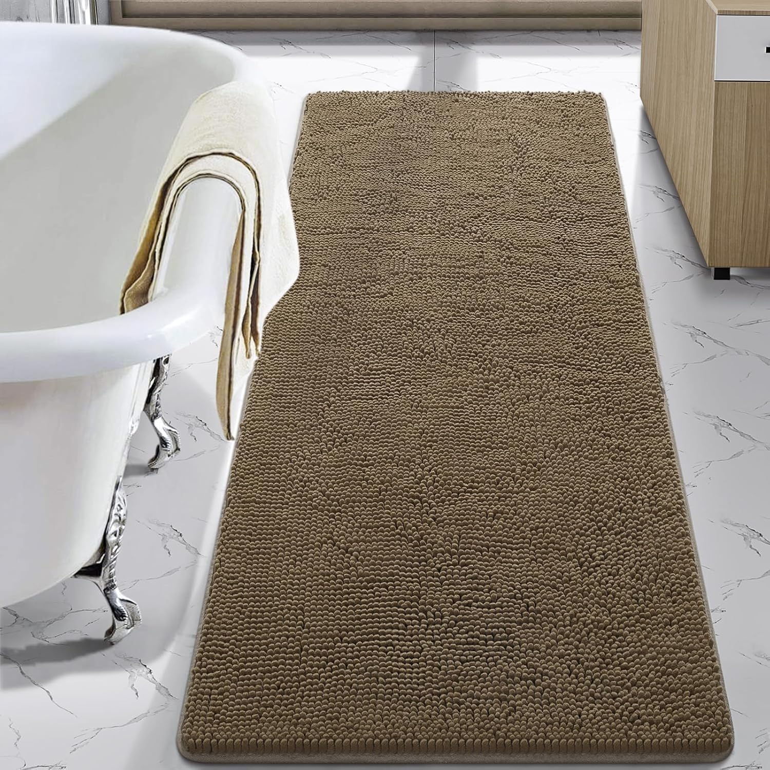 LOCHAS Luxury Bathroom Rug Shaggy Bath Mat 24 x 60 Inch, Washable Non Slip Bath Rugs for Bathroom Shower, Soft Plush Chenille Absorbent Carpets Mats, Gray
