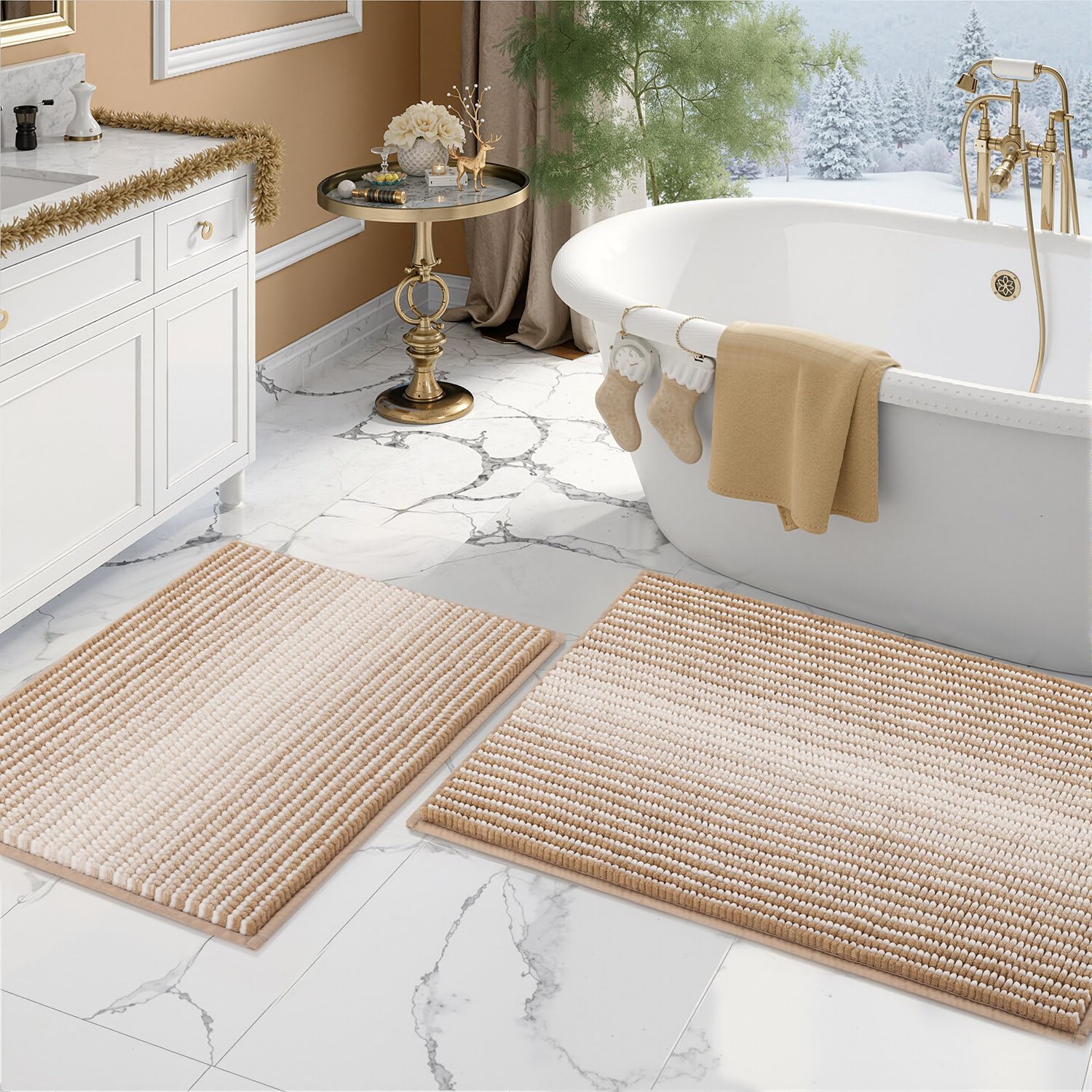 BSICPRO Bathroom Rugs and Mats Sets, 2 Piece Thick Absorbent Chenille Bath Mat Rug Set Non Slip, Soft Shaggy Bath Floor Mats for Bathroom, Machine Washable (20" x 47" Plus 16" x 24", Beige)