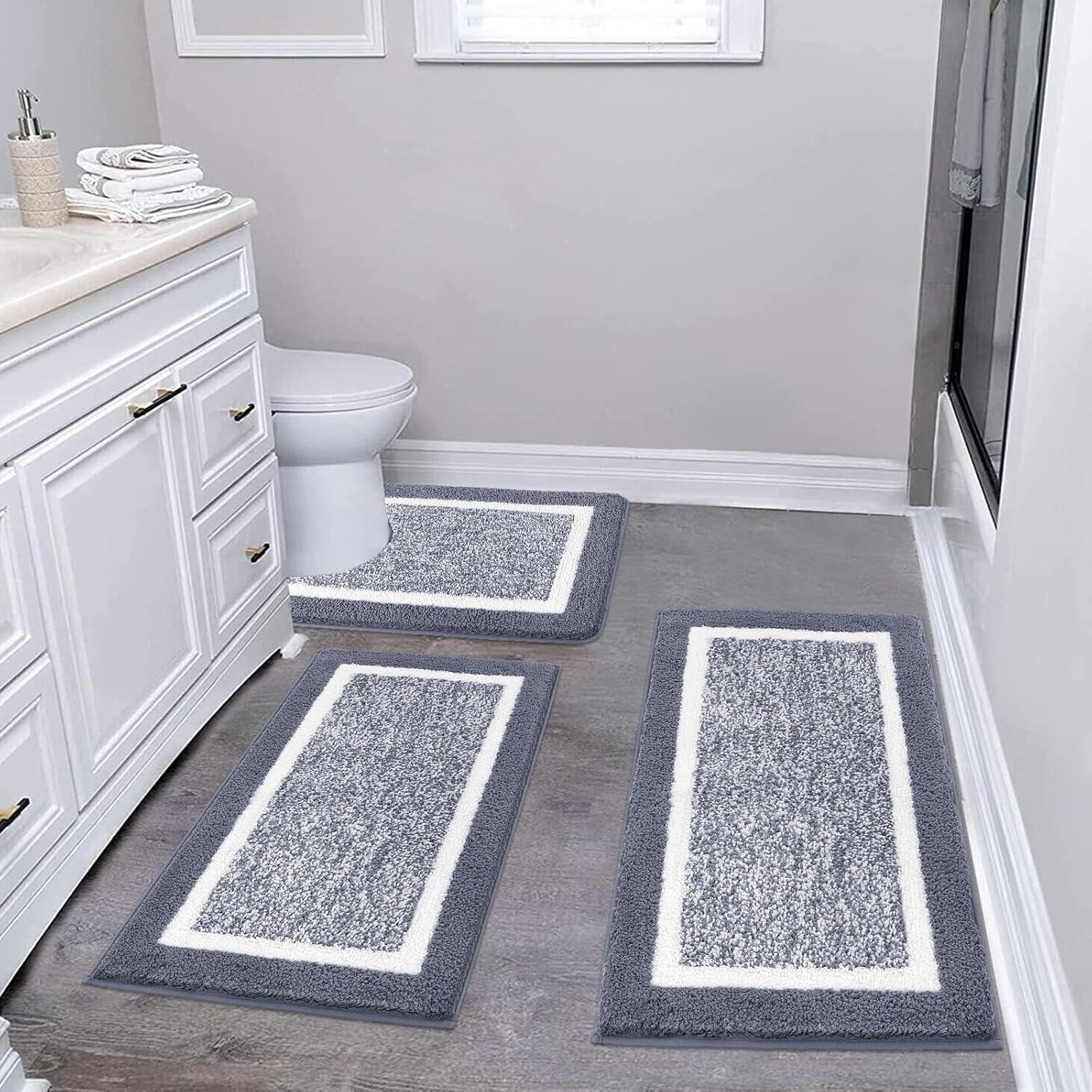 Pauwer Bathroom Rug Mat Set 3 Piece, Microfiber Shaggy Bath Set, Non-Slip Ultra Soft Carpet Mats, Absorbent with U-Shaped Toilet for Bathroom, Tub, Shower, Dark Grey