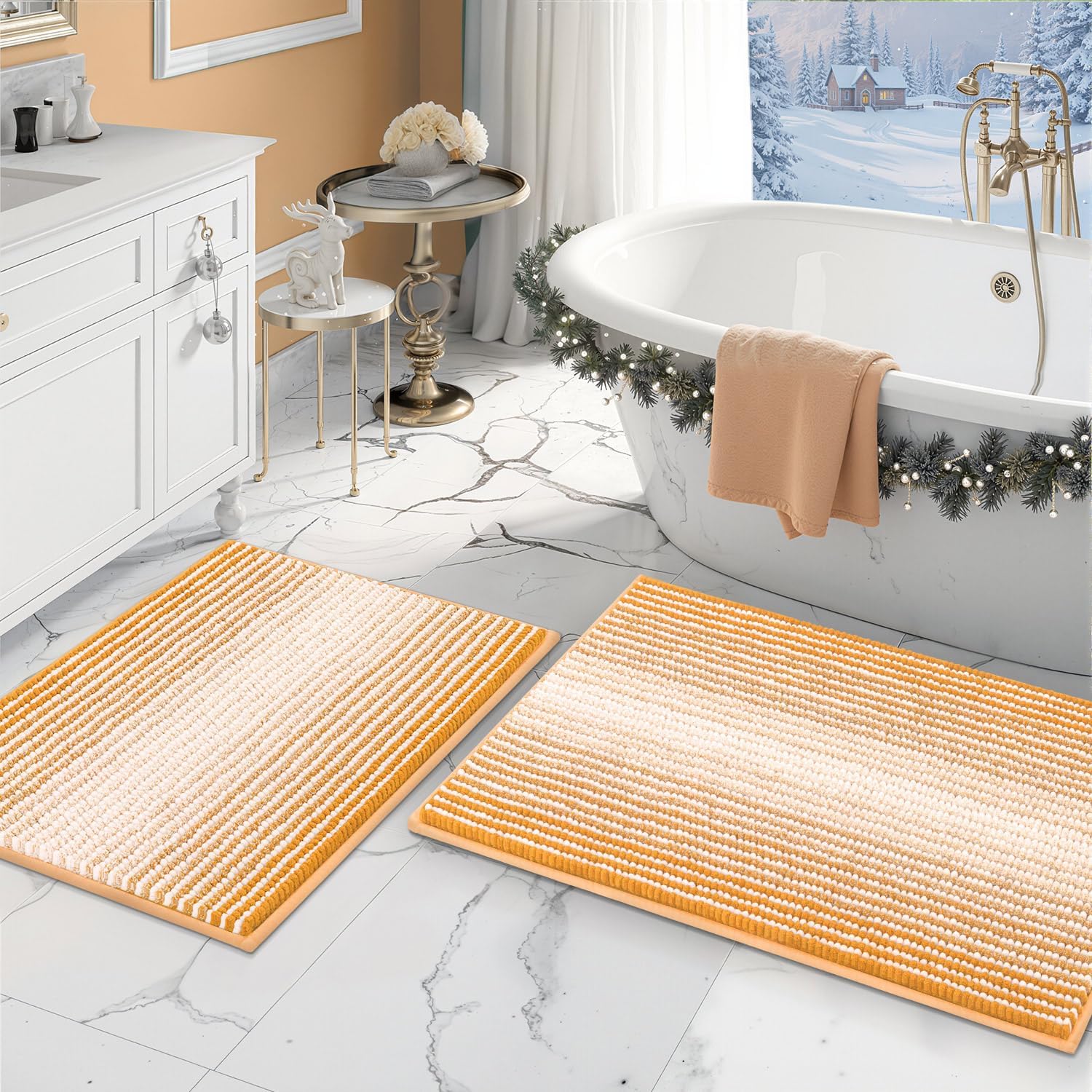 BSICPRO Bathroom Rugs and Mats Sets, 2 Piece Thick Absorbent Chenille Bath Mat Rug Set Non Slip, Soft Shaggy Bath Floor Mats for Bathroom, Machine Washable (20" x 47" Plus 16" x 24", Beige)