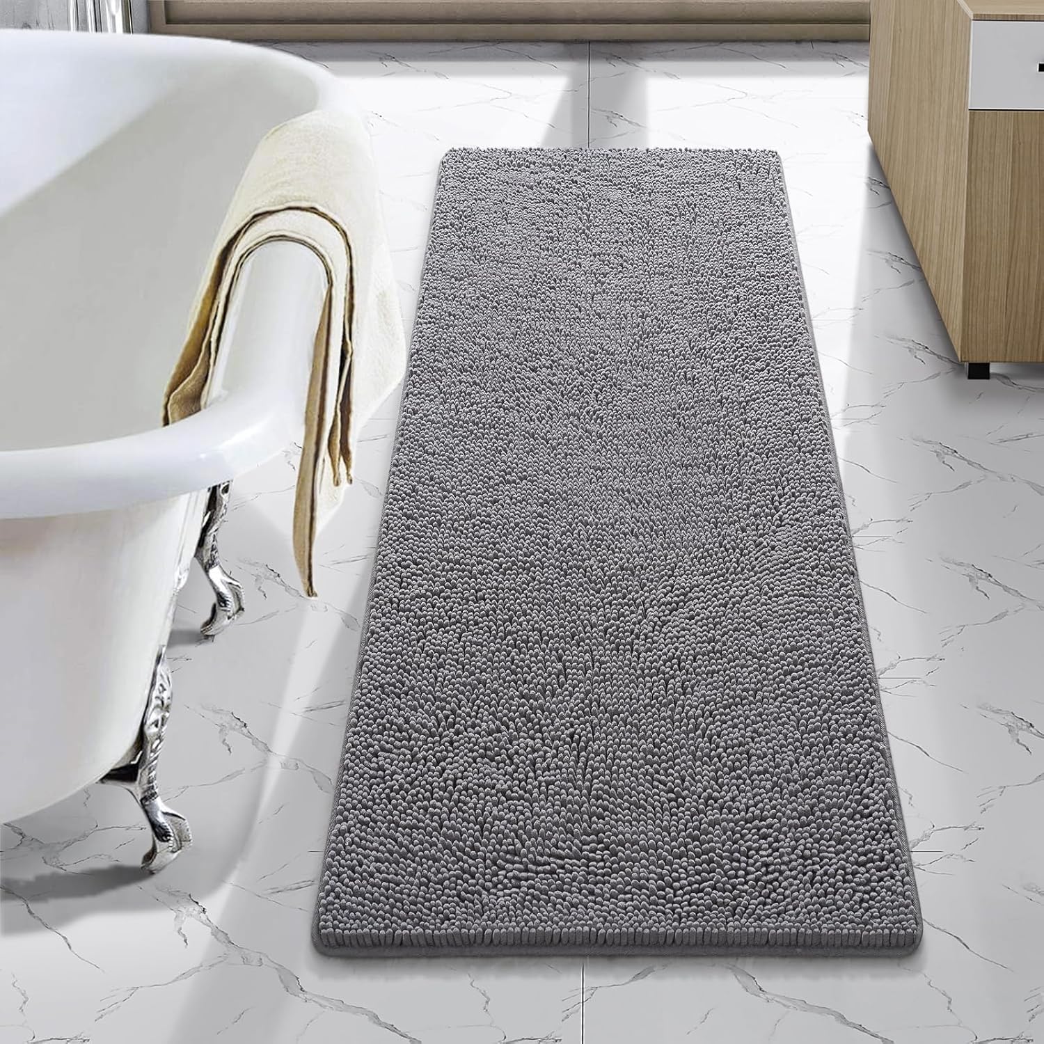 LOCHAS Luxury Bathroom Rug Shaggy Bath Mat 24 x 60 Inch, Washable Non Slip Bath Rugs for Bathroom Shower, Soft Plush Chenille Absorbent Carpets Mats, Gray