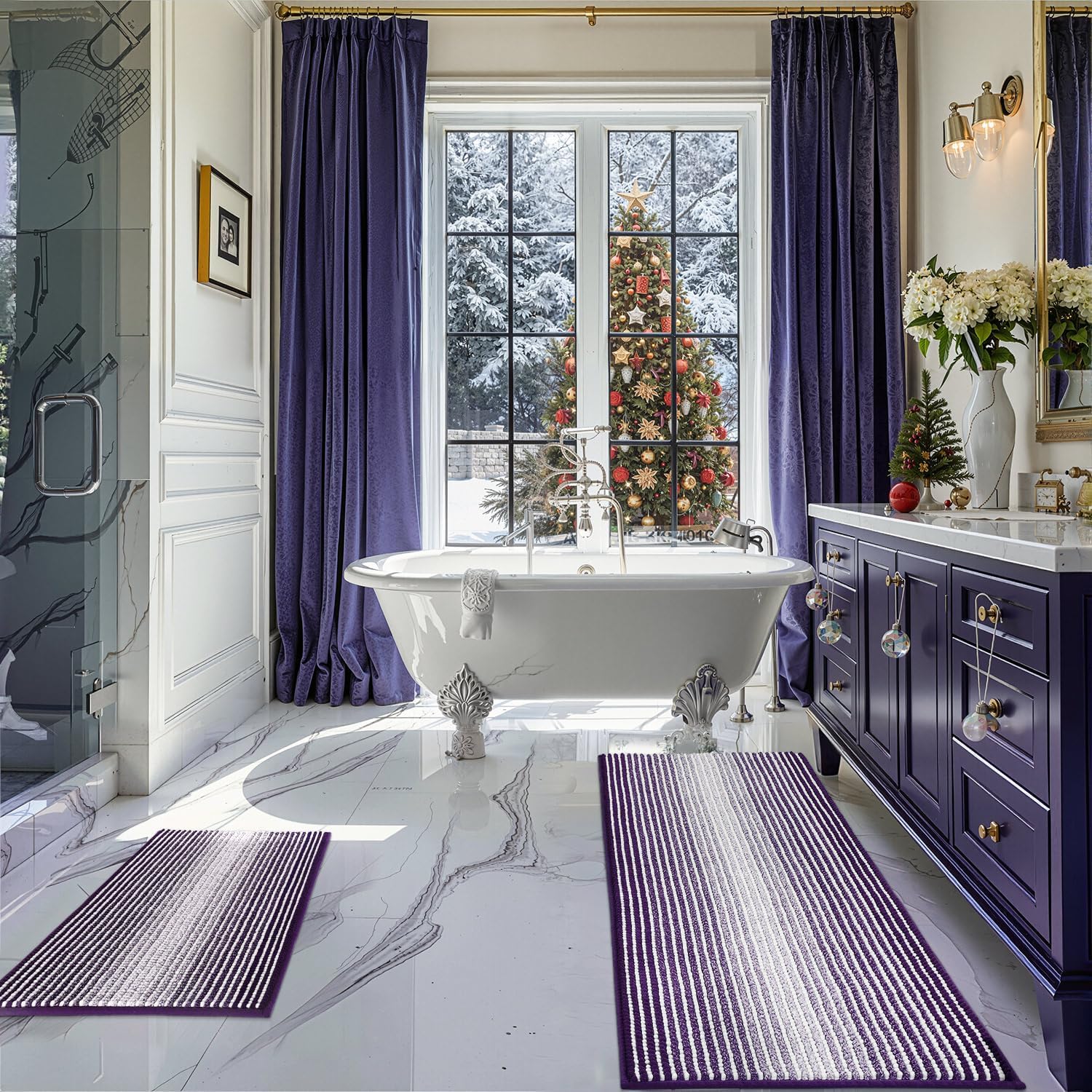 BSICPRO Bathroom Rugs and Mats Sets, 2 Piece Thick Absorbent Chenille Bath Mat Rug Set Non Slip, Soft Shaggy Bath Floor Mats for Bathroom, Machine Washable (20" x 47" Plus 16" x 24", Beige)