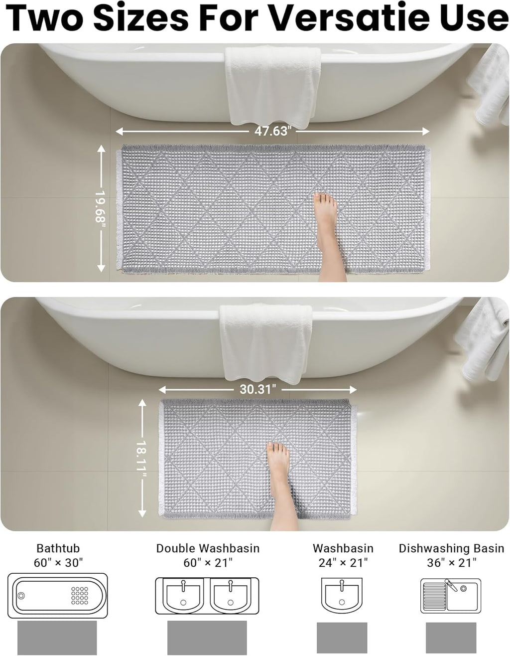 Waffle Bath Mat Set, Non Slip Bathroom Rugs Sets 2 Piece, Ultra Absorbent Long Bath Rug Runner for Bathroom Decor, Machine Washable Boho Mats, Grey & White, 20"×47" Plus 18"×30"