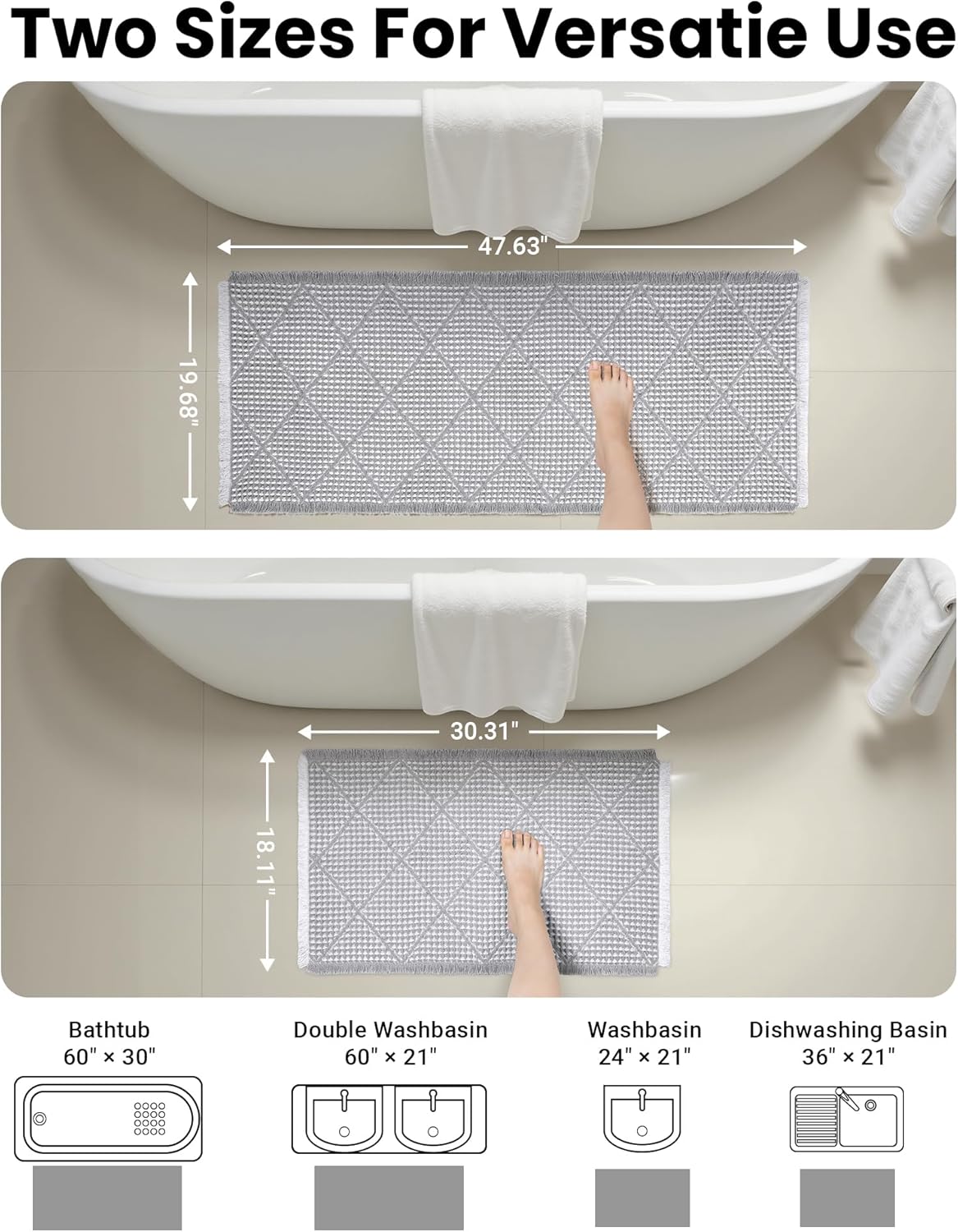 Waffle Bath Mat Set, Non Slip Bathroom Rugs Sets 2 Piece, Ultra Absorbent Long Bath Rug Runner for Bathroom Decor, Machine Washable Boho Mats, Grey & White, 20"×47" Plus 18"×30"