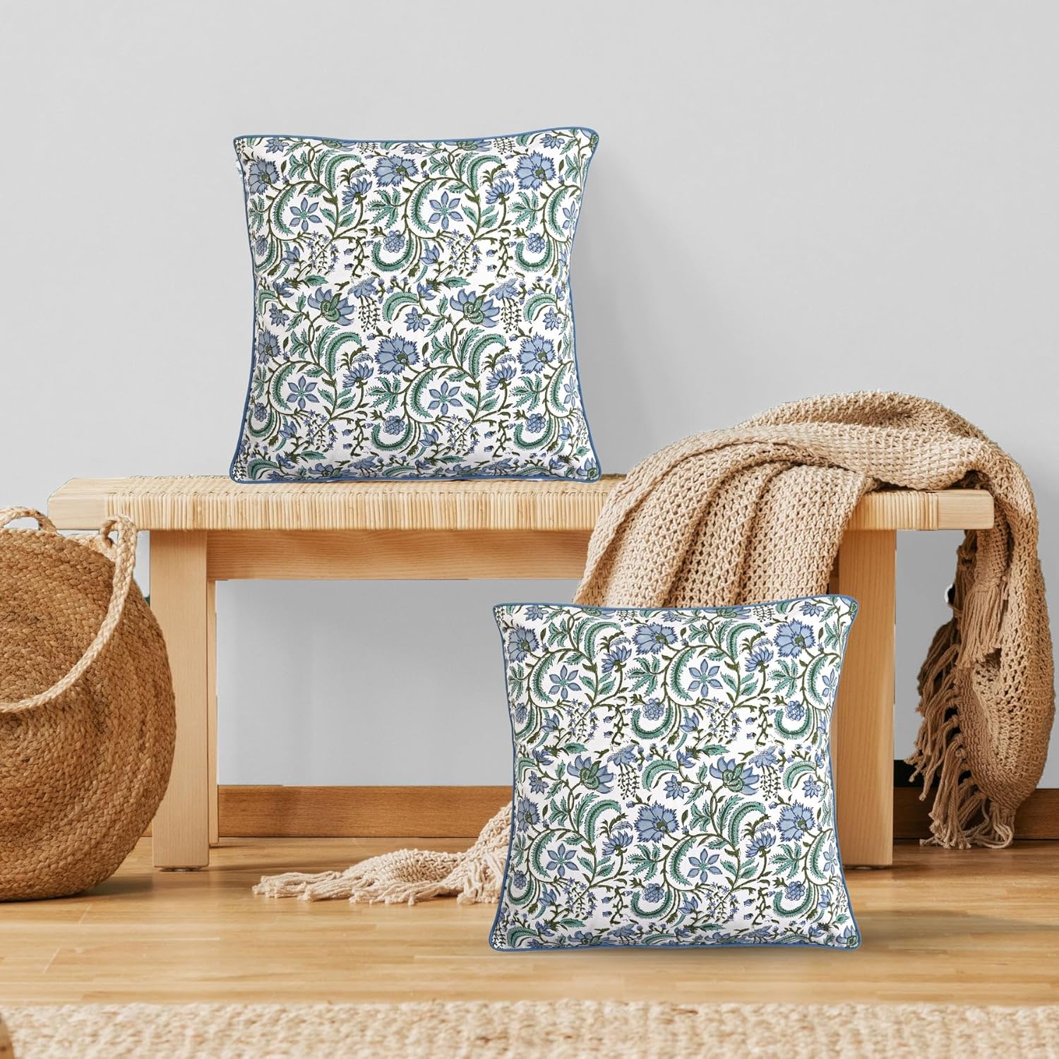 Ridhi Asparagus Green Print Cotton Throw Pillow Covers for Decorative Couch Pillows for Living Room, Chic Boho Cute Outdoor Thanksgiving Pillows Covers Gifts 20x20 Inches