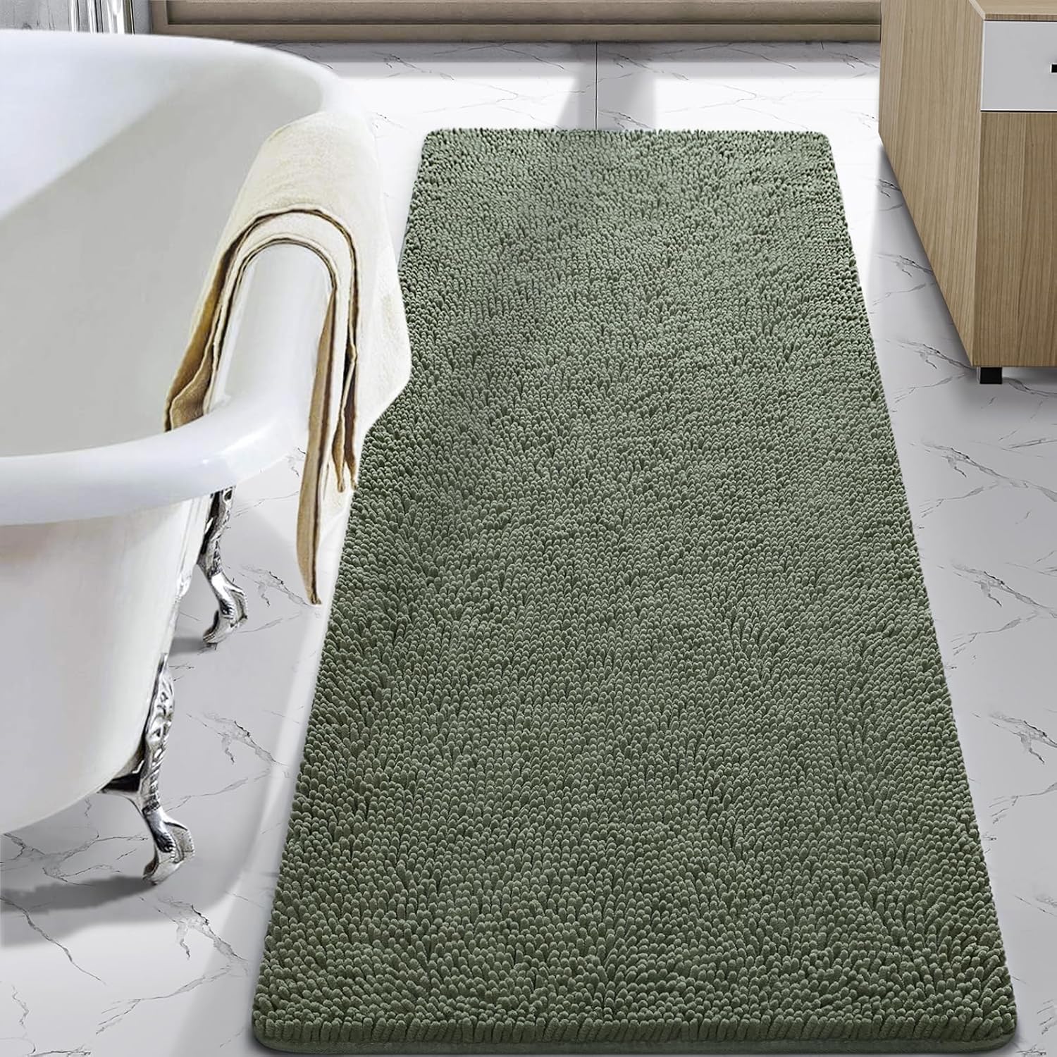 LOCHAS Luxury Bathroom Rug Shaggy Bath Mat 24 x 60 Inch, Washable Non Slip Bath Rugs for Bathroom Shower, Soft Plush Chenille Absorbent Carpets Mats, Gray