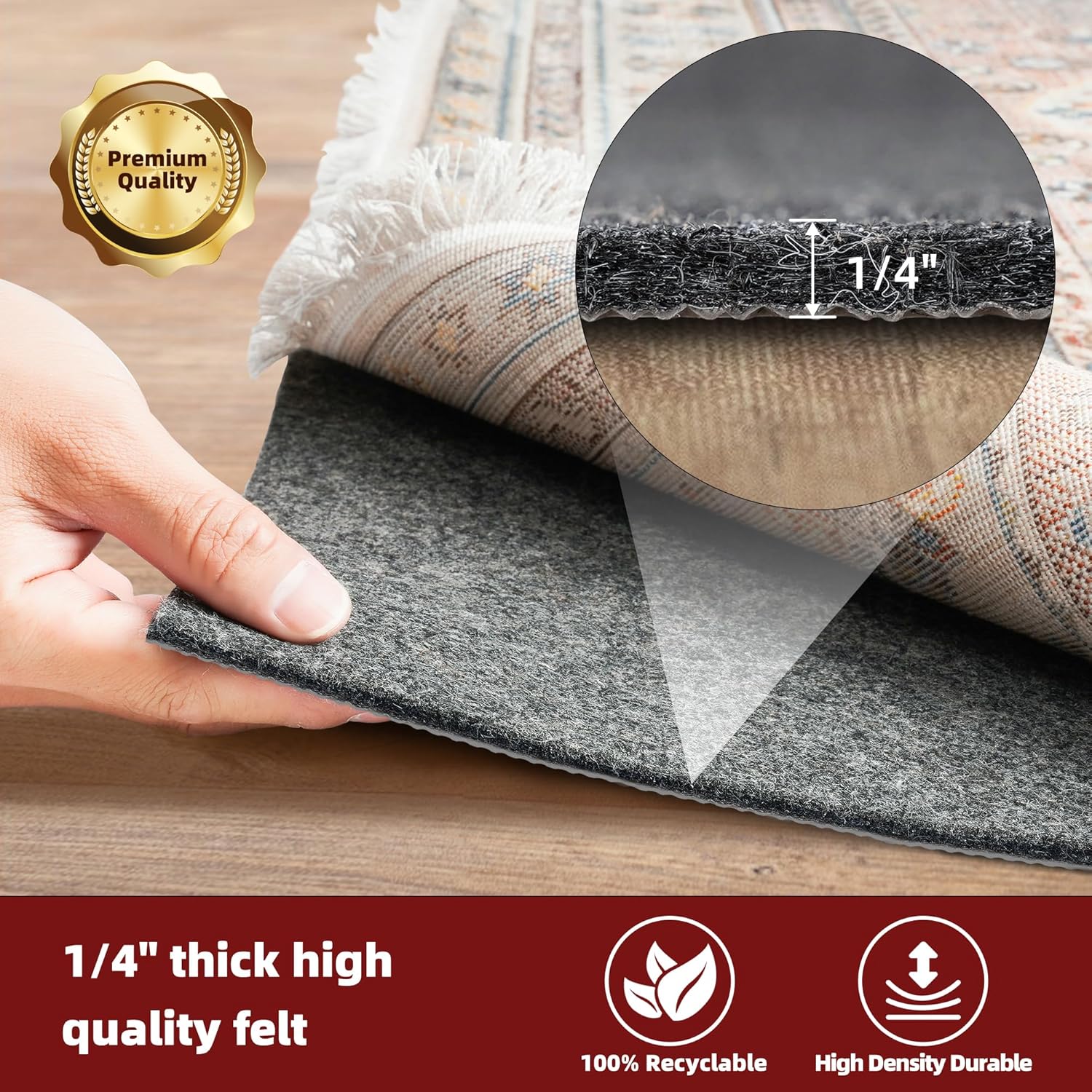 BAGAIL Felt and Natural Rubber Backing Rug Pads 1/4” Thick, 8 x 10 Ft Non Slip Carpet Gripper Keep Rugs in Place, Under Area Rug Protective Cushioned Pads, Carpet Runners, Hardwood Floors Protection