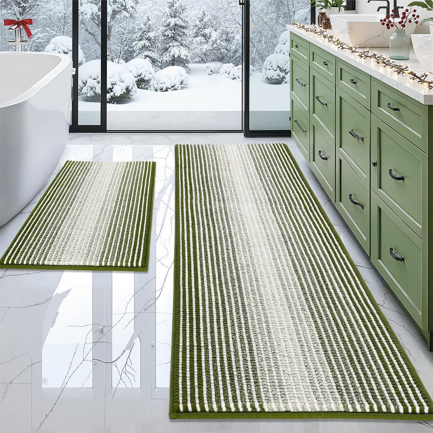 BSICPRO Bathroom Rugs and Mats Sets, 2 Piece Thick Absorbent Chenille Bath Mat Rug Set Non Slip, Soft Shaggy Bath Floor Mats for Bathroom, Machine Washable (20" x 47" Plus 16" x 24", Beige)