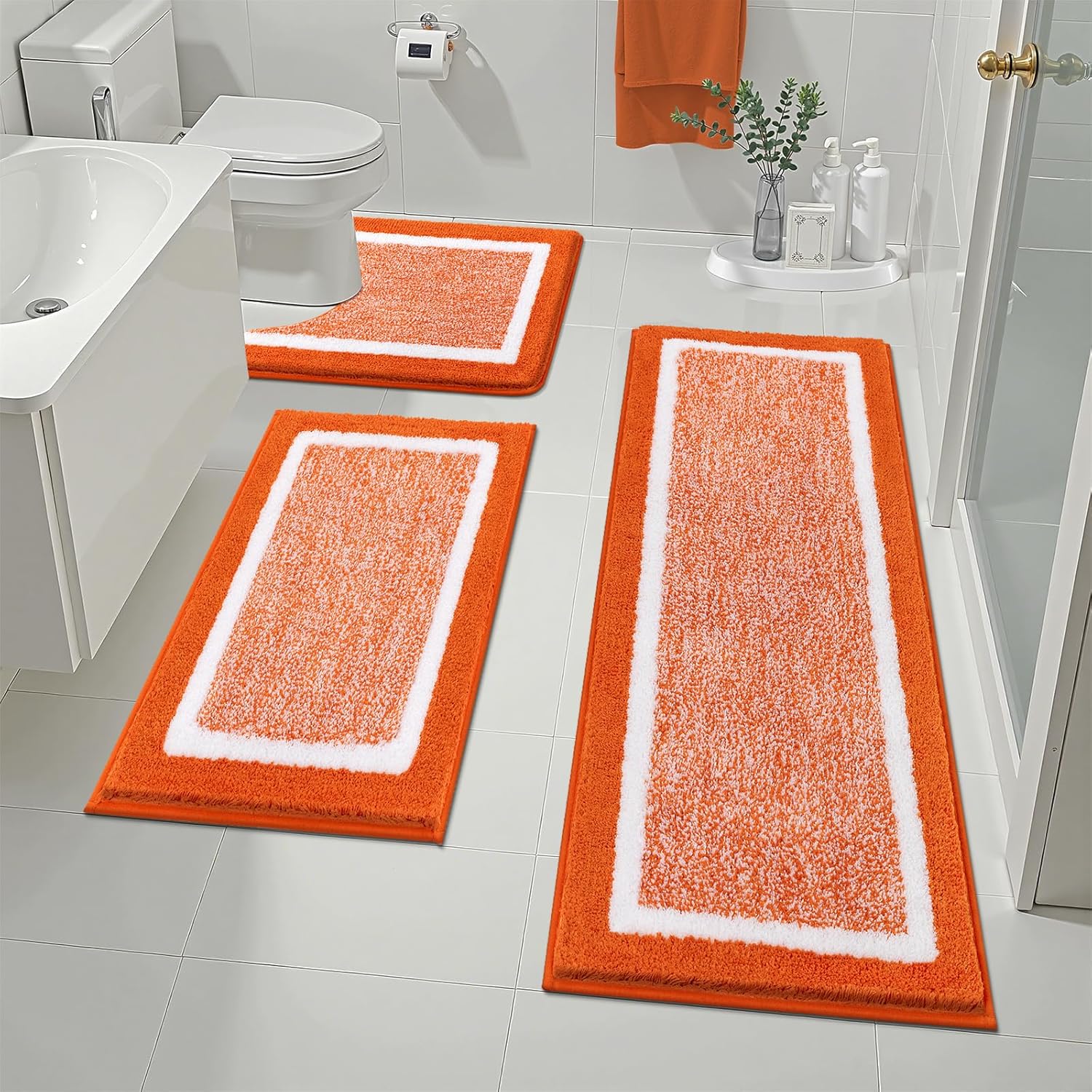 Pauwer Bathroom Rug Mat Set 3 Piece, Microfiber Shaggy Bath Set, Non-Slip Ultra Soft Carpet Mats, Absorbent with U-Shaped Toilet for Bathroom, Tub, Shower, Dark Grey