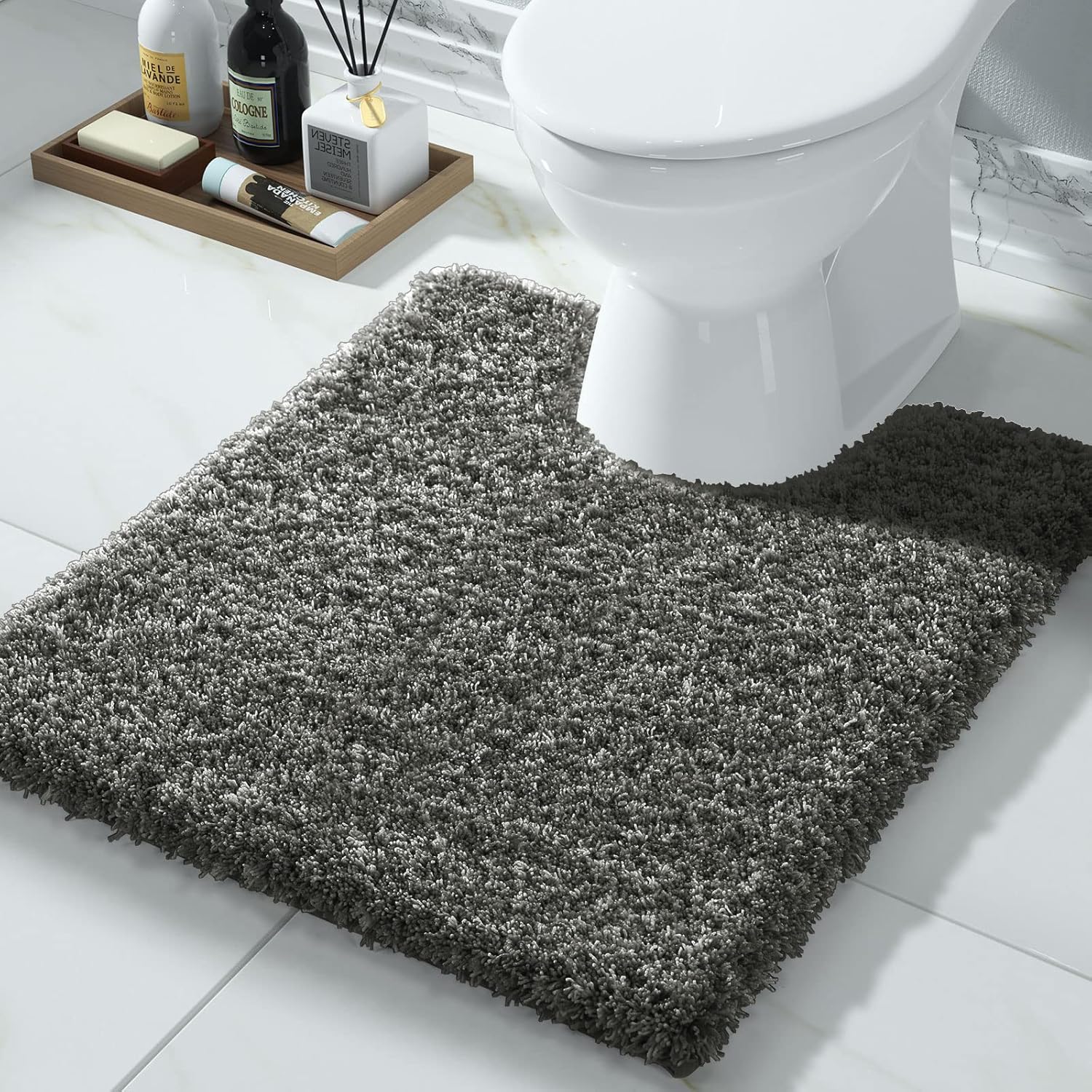 Yimobra Bathroom Rugs Non Slip Washable 36x24, Ultra Soft and Water Absorbent Bath Mats, Plush Fluffy Shower Mat Outside, Luxury Microfiber Thick Matts for Bathroom Floor/Tub, Light Gray and White