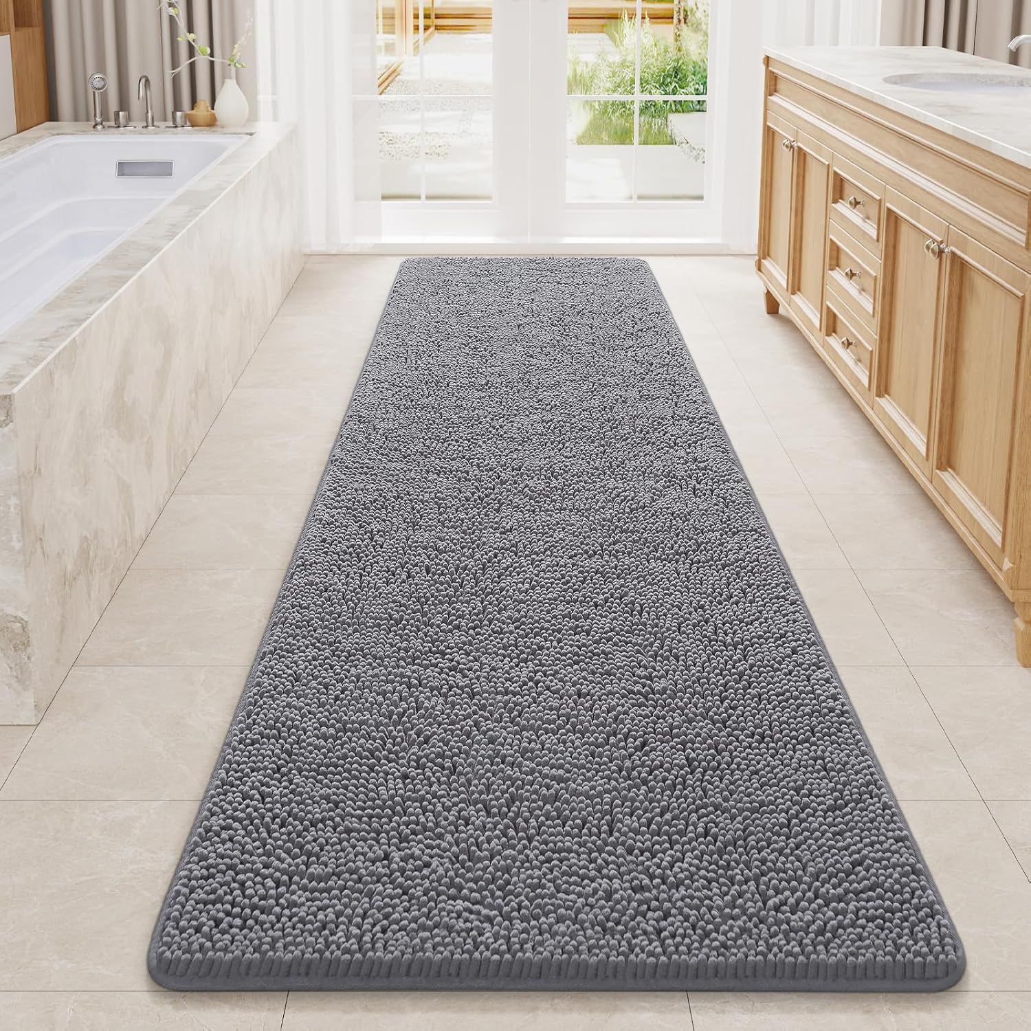 LOCHAS Luxury Bathroom Rug Shaggy Bath Mat 24 x 60 Inch, Washable Non Slip Bath Rugs for Bathroom Shower, Soft Plush Chenille Absorbent Carpets Mats, Gray