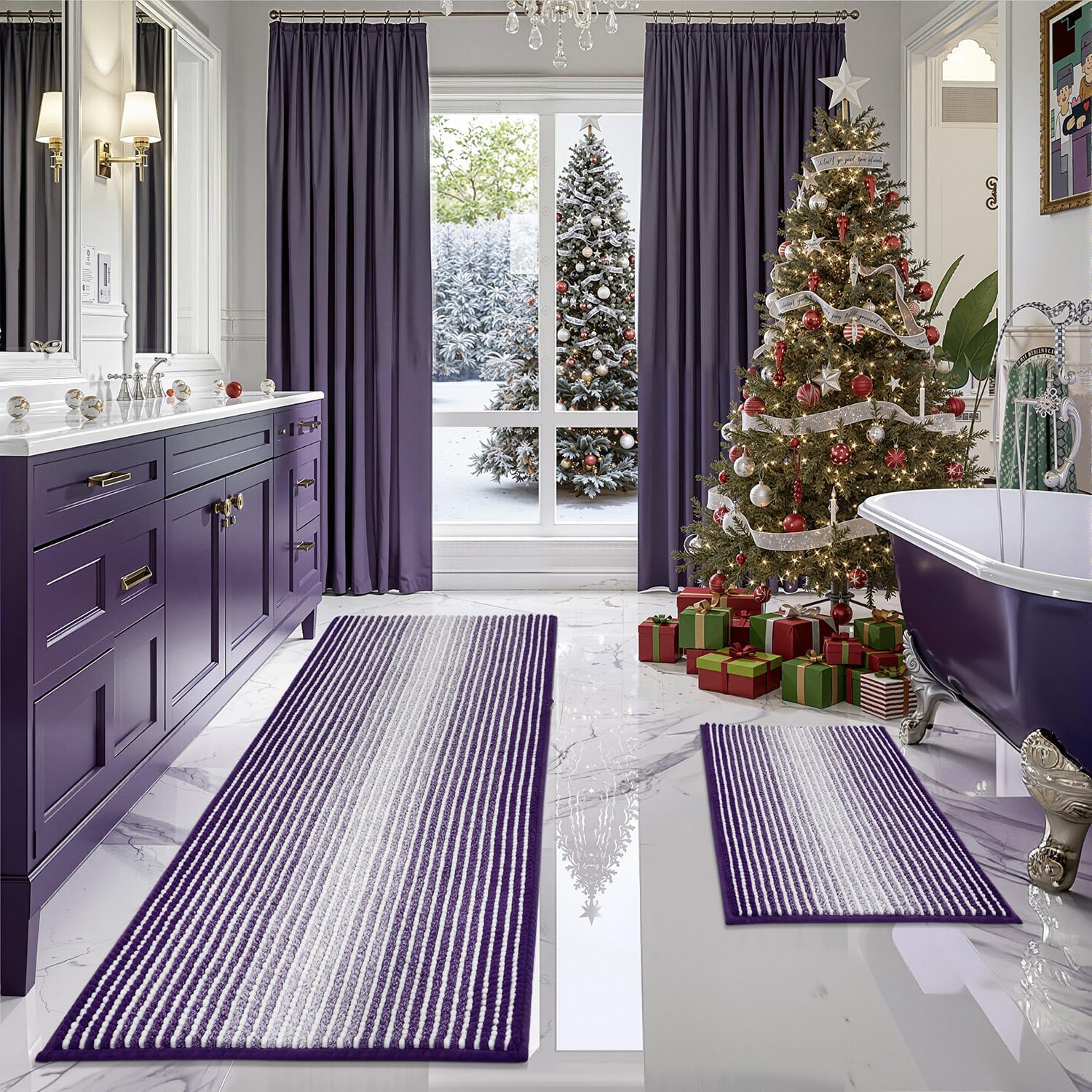 BSICPRO Bathroom Rugs and Mats Sets, 2 Piece Thick Absorbent Chenille Bath Mat Rug Set Non Slip, Soft Shaggy Bath Floor Mats for Bathroom, Machine Washable (20" x 47" Plus 16" x 24", Beige)