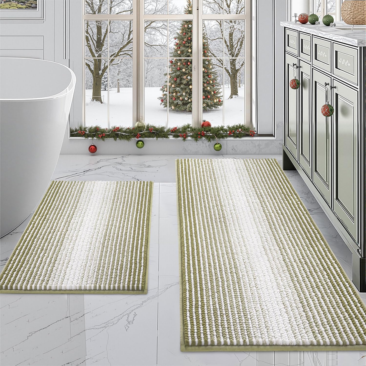 BSICPRO Bathroom Rugs and Mats Sets, 2 Piece Thick Absorbent Chenille Bath Mat Rug Set Non Slip, Soft Shaggy Bath Floor Mats for Bathroom, Machine Washable (20" x 47" Plus 16" x 24", Beige)