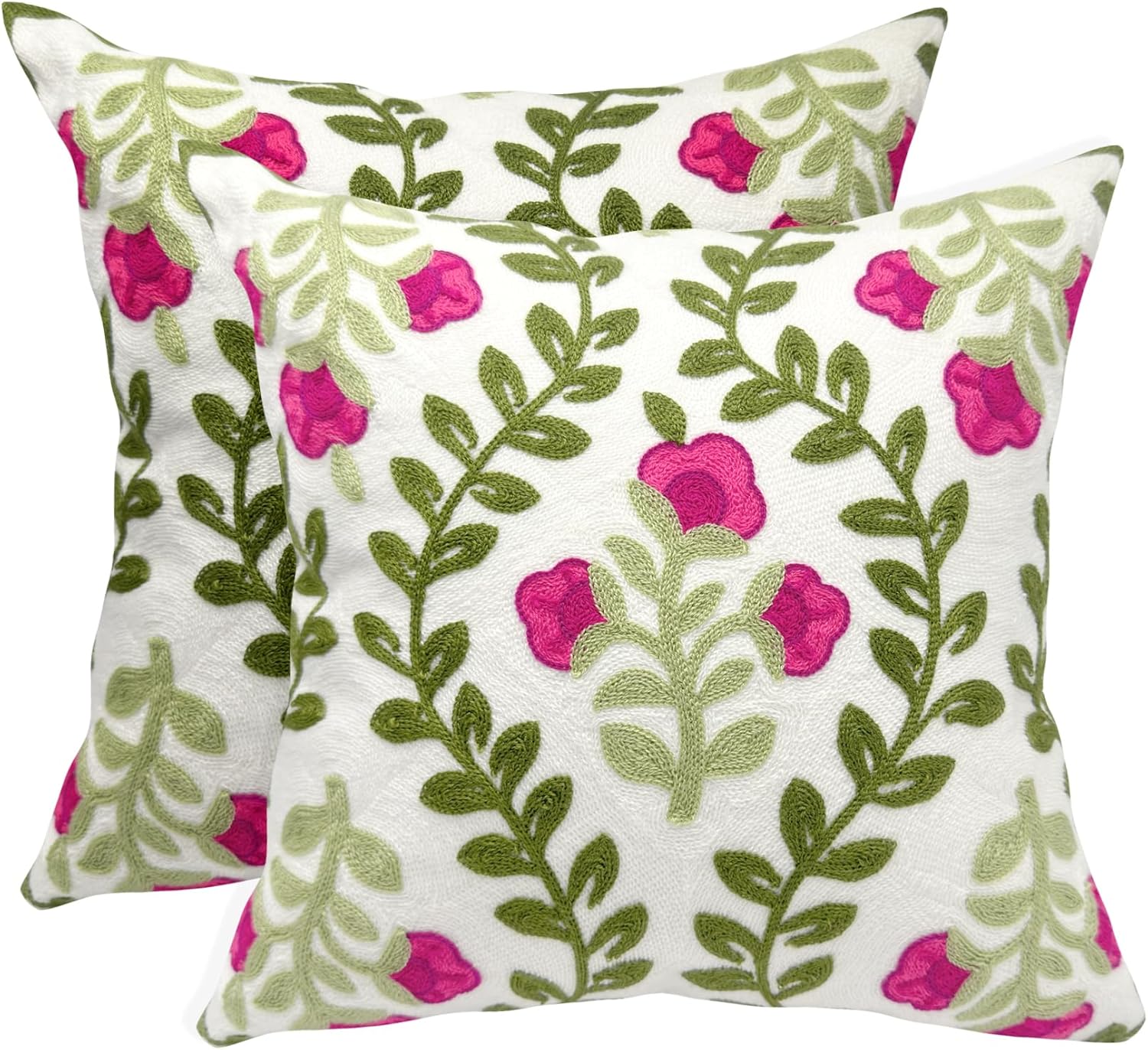 Alysheer Floral Embroidered Summer Decorative Throw Pillow Covers 20"x 20" Set of 2, Farmhouse Cottage Navy Blue Green Flowers Leaves Knit Pattern Cotton Canvas Cushion Case for Couch Bed Living Room