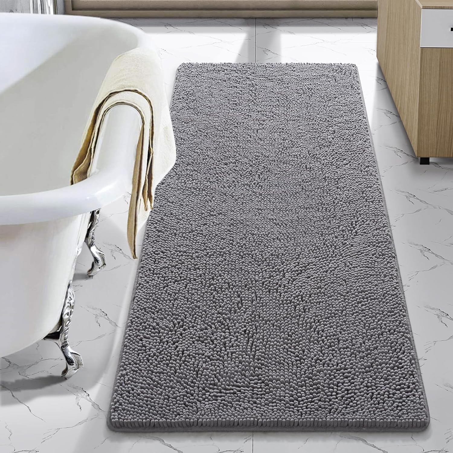 LOCHAS Luxury Bathroom Rug Shaggy Bath Mat 24 x 60 Inch, Washable Non Slip Bath Rugs for Bathroom Shower, Soft Plush Chenille Absorbent Carpets Mats, Gray