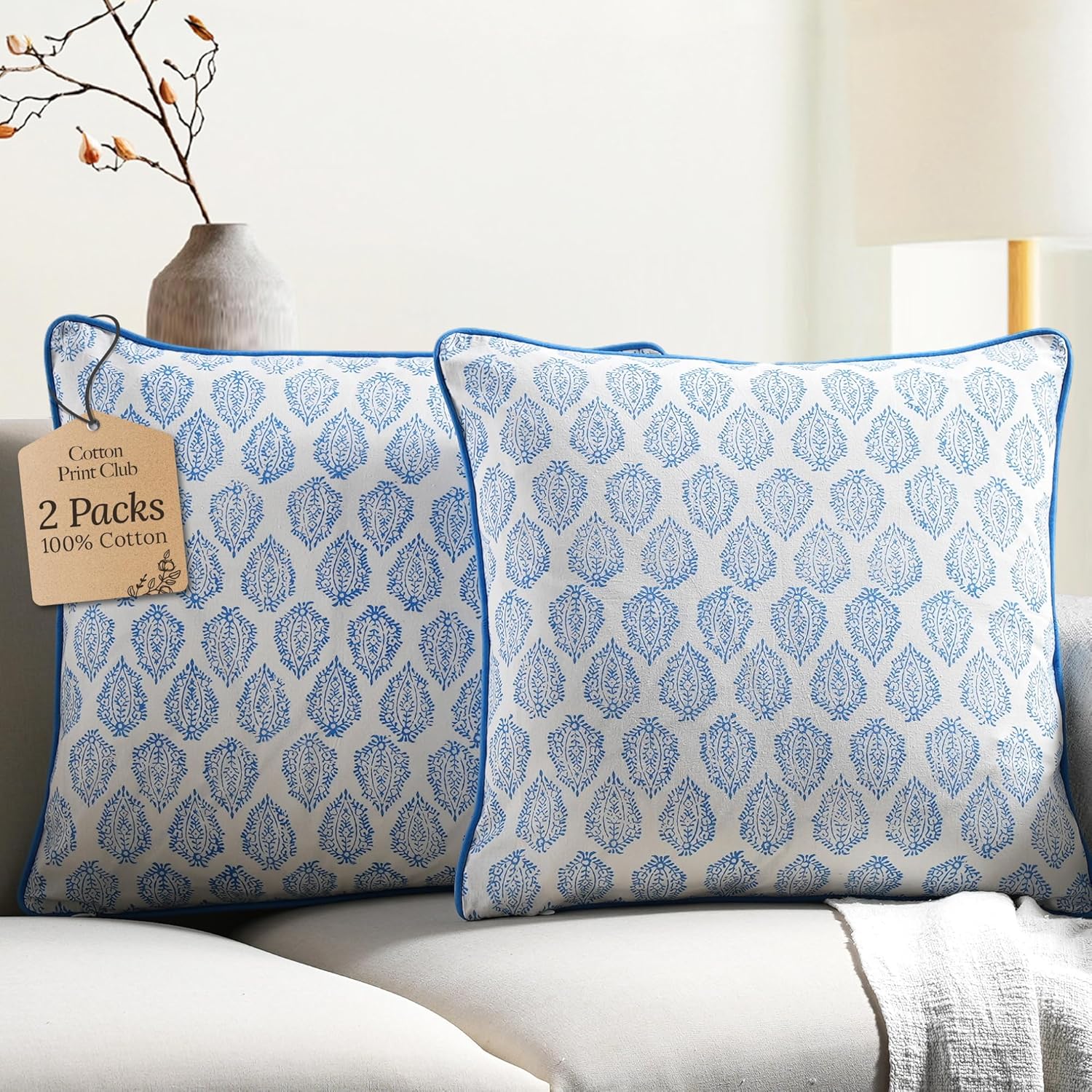 CPC 100% Cotton Throw Pillow Covers 18x18 Inch, Set of 2 Blue Block Print Pattern Couch Pillow, Cute Boho Decorative Pillows for Living Room, Bedroom with Hidden Zipper- Apatite Blue