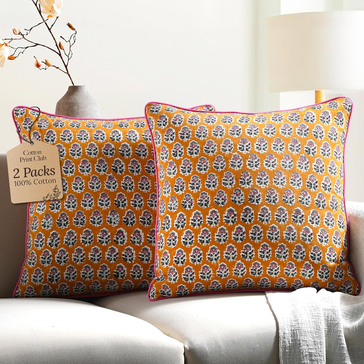 CPC 100% Cotton Throw Pillow Covers 18x18 Inch, Set of 2 Blue Block Print Pattern Couch Pillow, Cute Boho Decorative Pillows for Living Room, Bedroom with Hidden Zipper- Apatite Blue