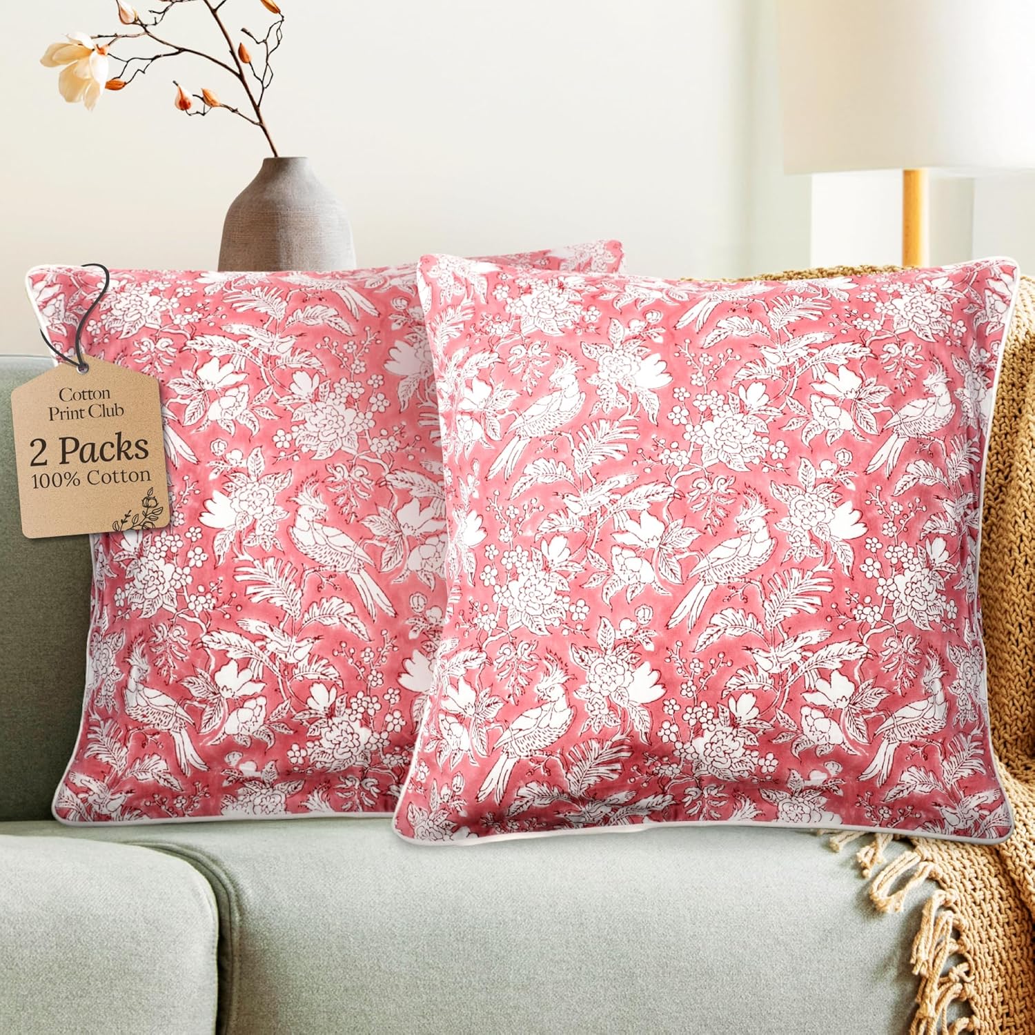 CPC 100% Cotton Throw Pillow Covers 18x18 Inch, Set of 2 Blue Block Print Pattern Couch Pillow, Cute Boho Decorative Pillows for Living Room, Bedroom with Hidden Zipper- Apatite Blue