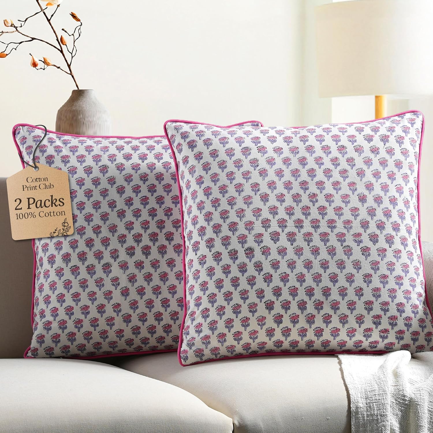 CPC 100% Cotton Throw Pillow Covers 18x18 Inch, Set of 2 Blue Block Print Pattern Couch Pillow, Cute Boho Decorative Pillows for Living Room, Bedroom with Hidden Zipper- Apatite Blue