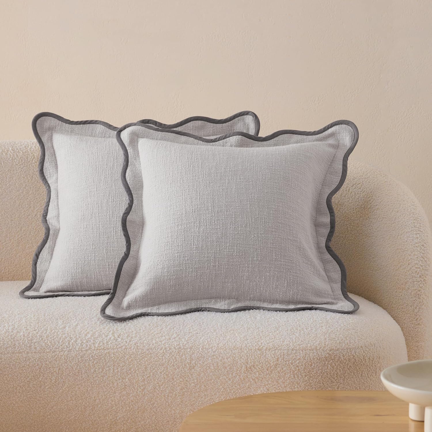 Double Stitch Scalloped Throw Pillow Covers - 100% Cotton Set of 2 Decorative Boho Pillow Covers 20 x 20, Made in India, Square Cushion Case, Modern Home Decor for Couch Sofa Living Room, Cream