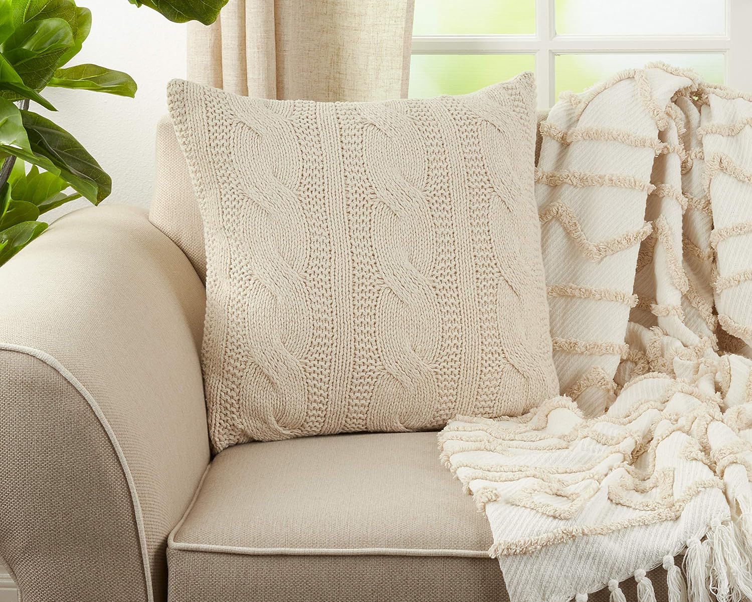 SARO LIFESTYLE 1020 McKenna Knitted Collection Vanilla Cable Knit Design Down Filled Cotton Throw Pillow