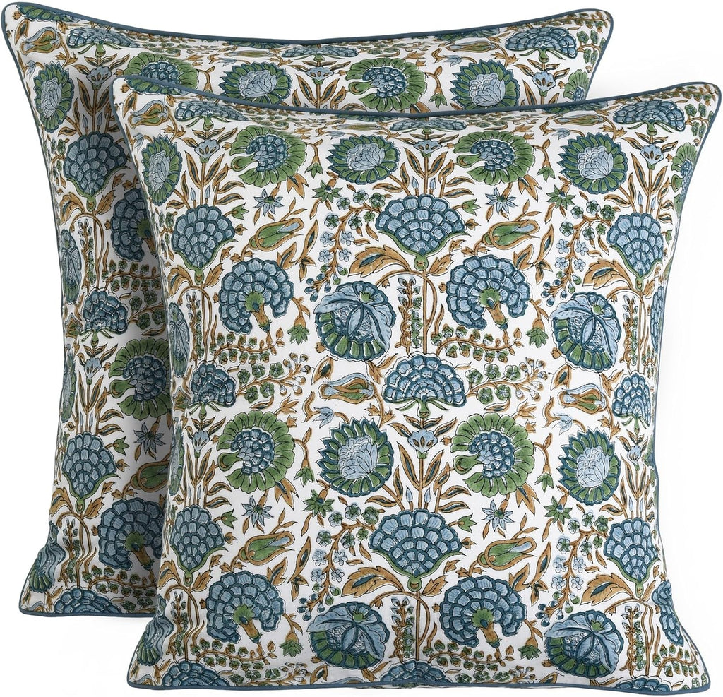 Ridhi Asparagus Green Print Cotton Throw Pillow Covers for Decorative Couch Pillows for Living Room, Chic Boho Cute Outdoor Thanksgiving Pillows Covers Gifts 20x20 Inches