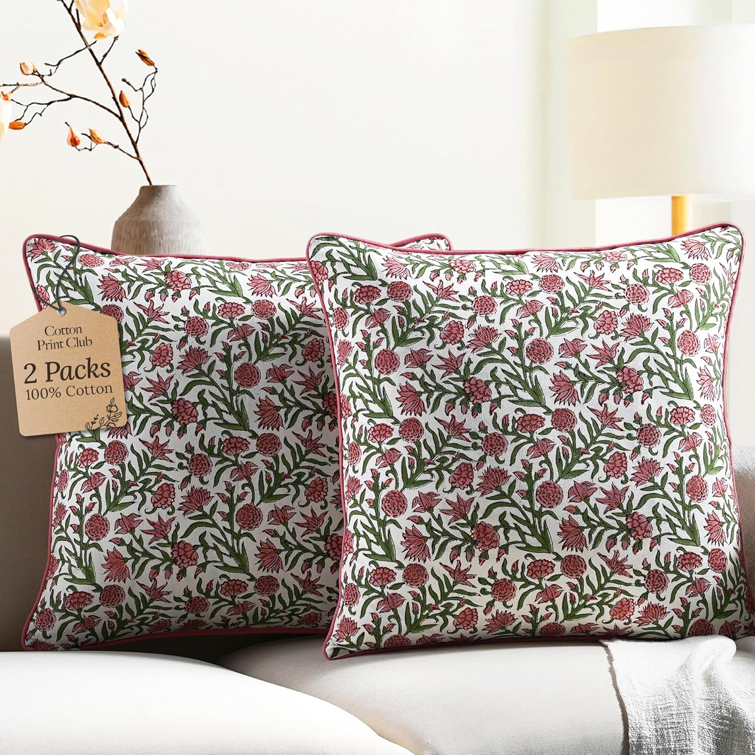 CPC 100% Cotton Throw Pillow Covers 18x18 Inch, Set of 2 Blue Block Print Pattern Couch Pillow, Cute Boho Decorative Pillows for Living Room, Bedroom with Hidden Zipper- Apatite Blue