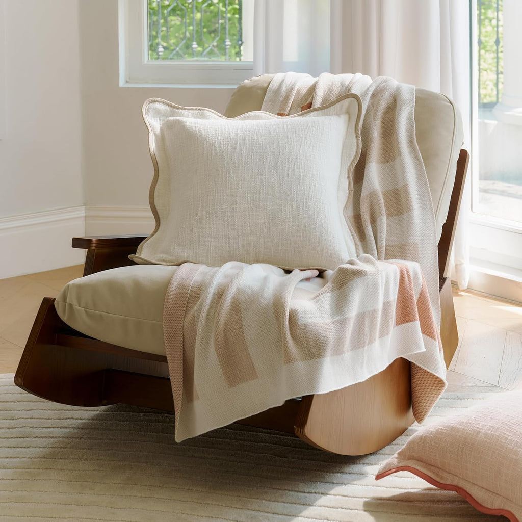 Double Stitch Scalloped Throw Pillow Covers - 100% Cotton Set of 2 Decorative Boho Pillow Covers 20 x 20, Made in India, Square Cushion Case, Modern Home Decor for Couch Sofa Living Room, Cream