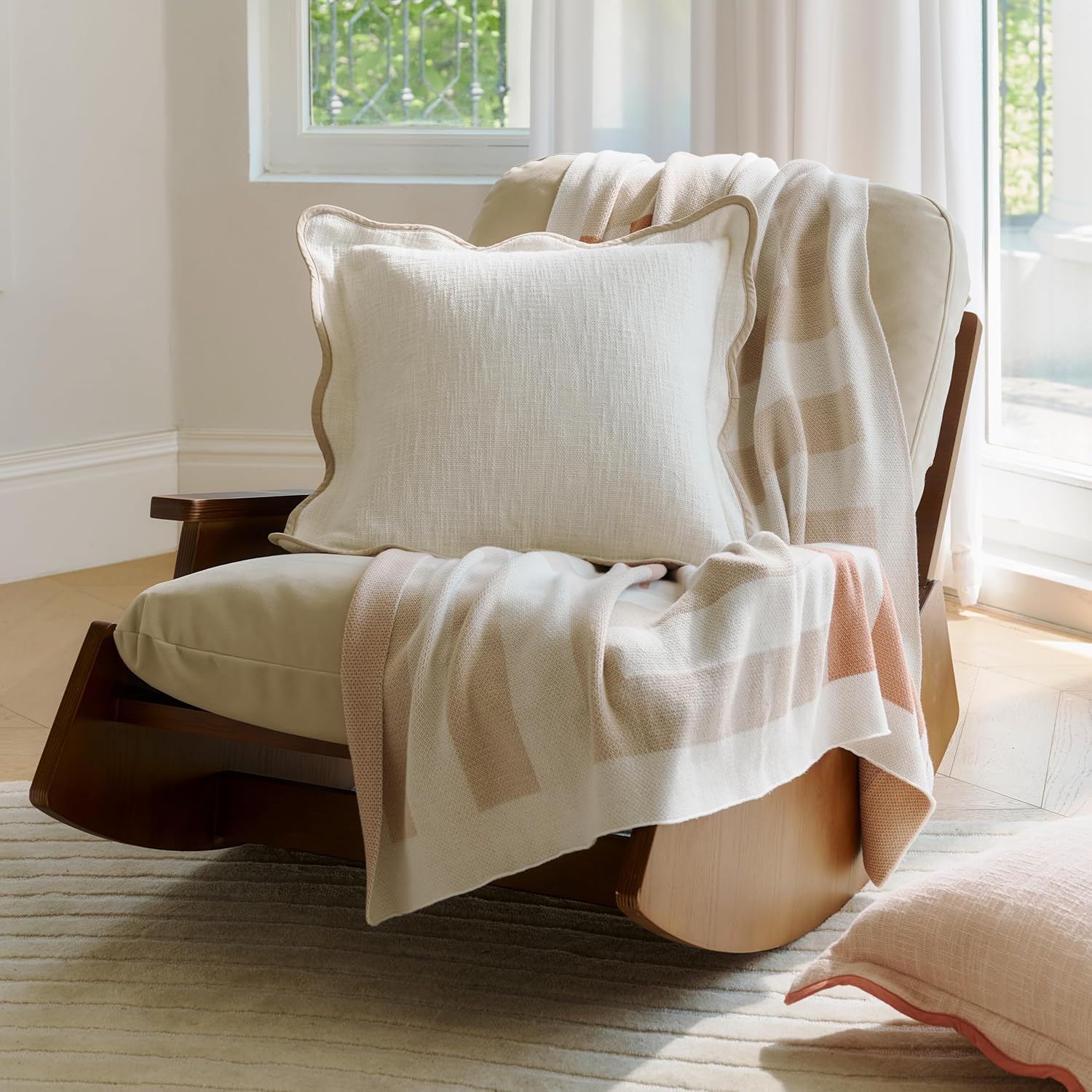 Double Stitch Scalloped Throw Pillow Covers - 100% Cotton Set of 2 Decorative Boho Pillow Covers 20 x 20, Made in India, Square Cushion Case, Modern Home Decor for Couch Sofa Living Room, Cream