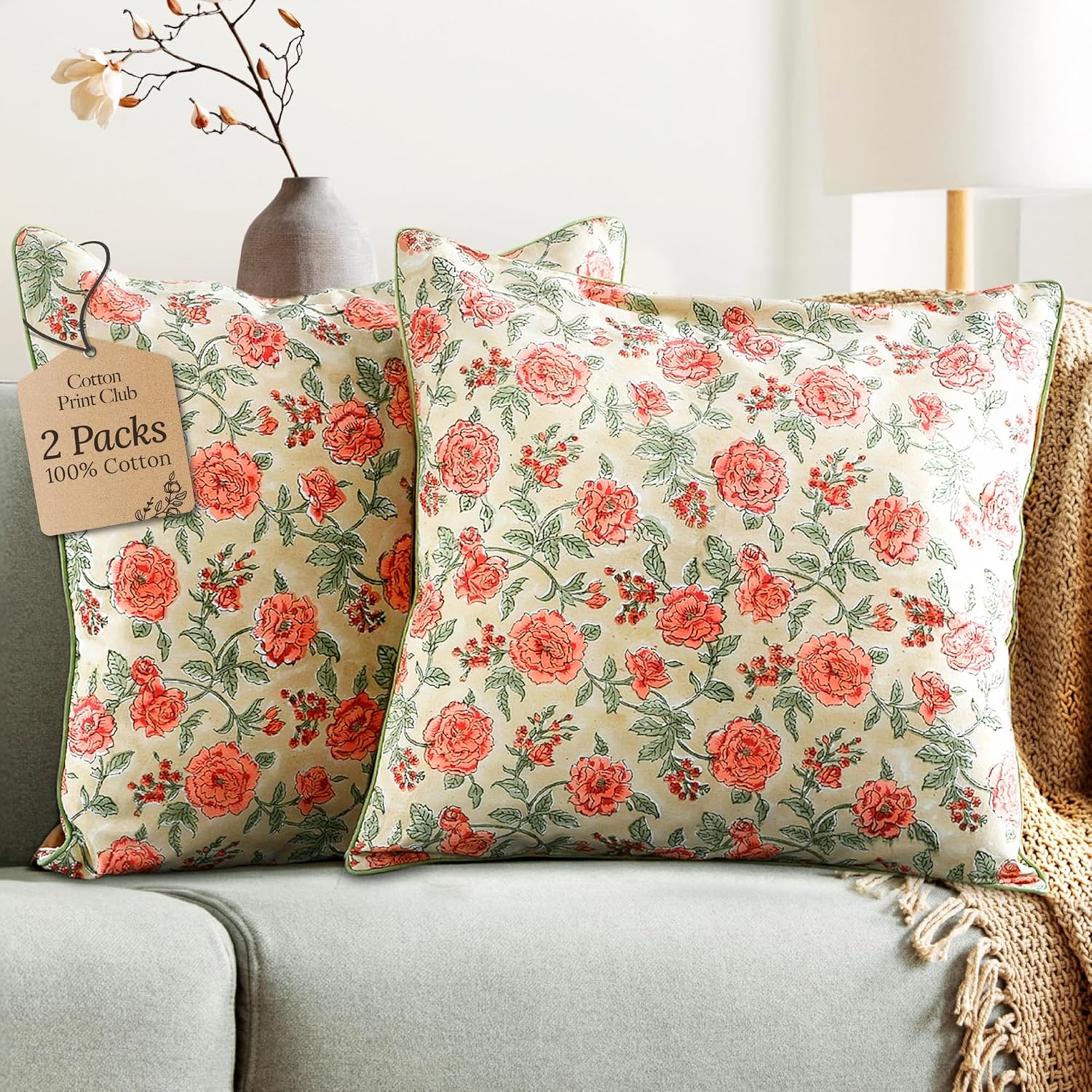 CPC 100% Cotton Throw Pillow Covers 18x18 Inch, Set of 2 Blue Block Print Pattern Couch Pillow, Cute Boho Decorative Pillows for Living Room, Bedroom with Hidden Zipper- Apatite Blue