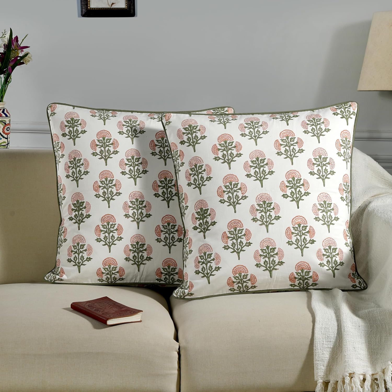 Ridhi Asparagus Green Print Cotton Throw Pillow Covers for Decorative Couch Pillows for Living Room, Chic Boho Cute Outdoor Thanksgiving Pillows Covers Gifts 20x20 Inches