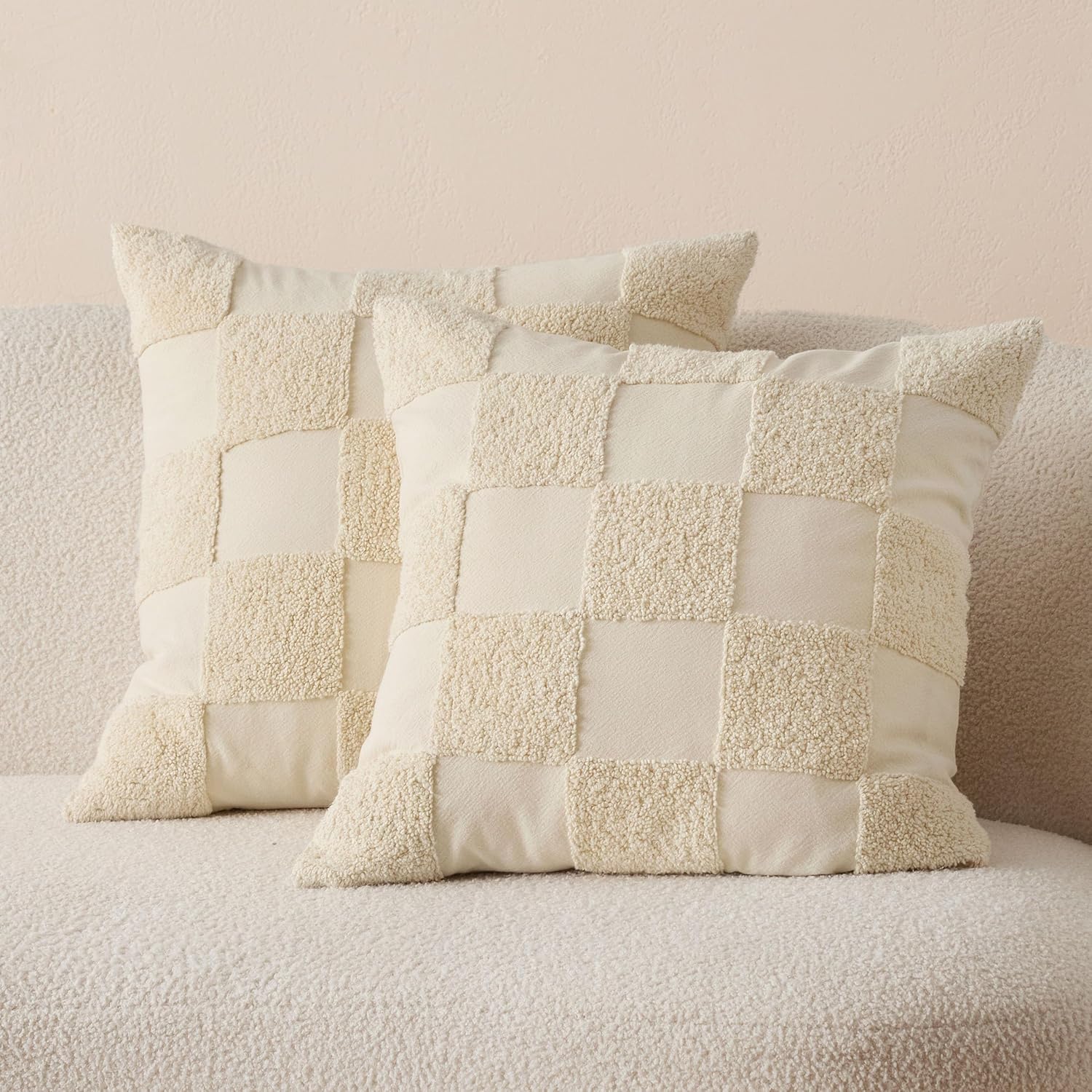 Double Stitch 100% Cotton Throw Pillow Covers - Checkered Tufted Boho Decorative Pillow Covers 20x20, Made in India, Square Cushion Case, Modern Home Decor for Couch, Sofa, Living Room, Charcoal Grey