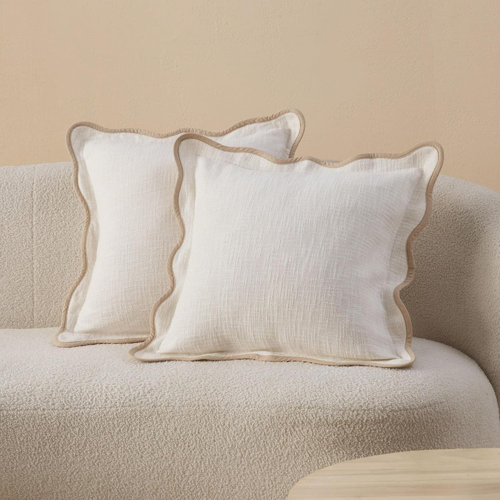 Double Stitch Scalloped Throw Pillow Covers - 100% Cotton Set of 2 Decorative Boho Pillow Covers 20 x 20, Made in India, Square Cushion Case, Modern Home Decor for Couch Sofa Living Room, Cream