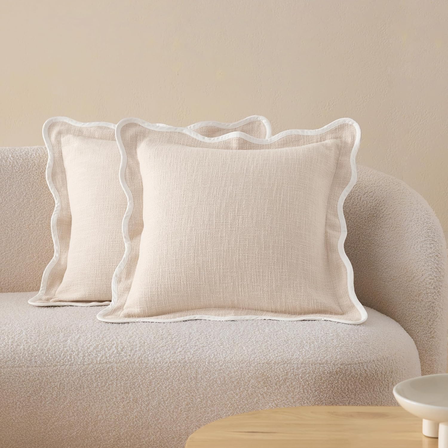 Double Stitch Scalloped Throw Pillow Covers - 100% Cotton Set of 2 Decorative Boho Pillow Covers 20 x 20, Made in India, Square Cushion Case, Modern Home Decor for Couch Sofa Living Room, Cream
