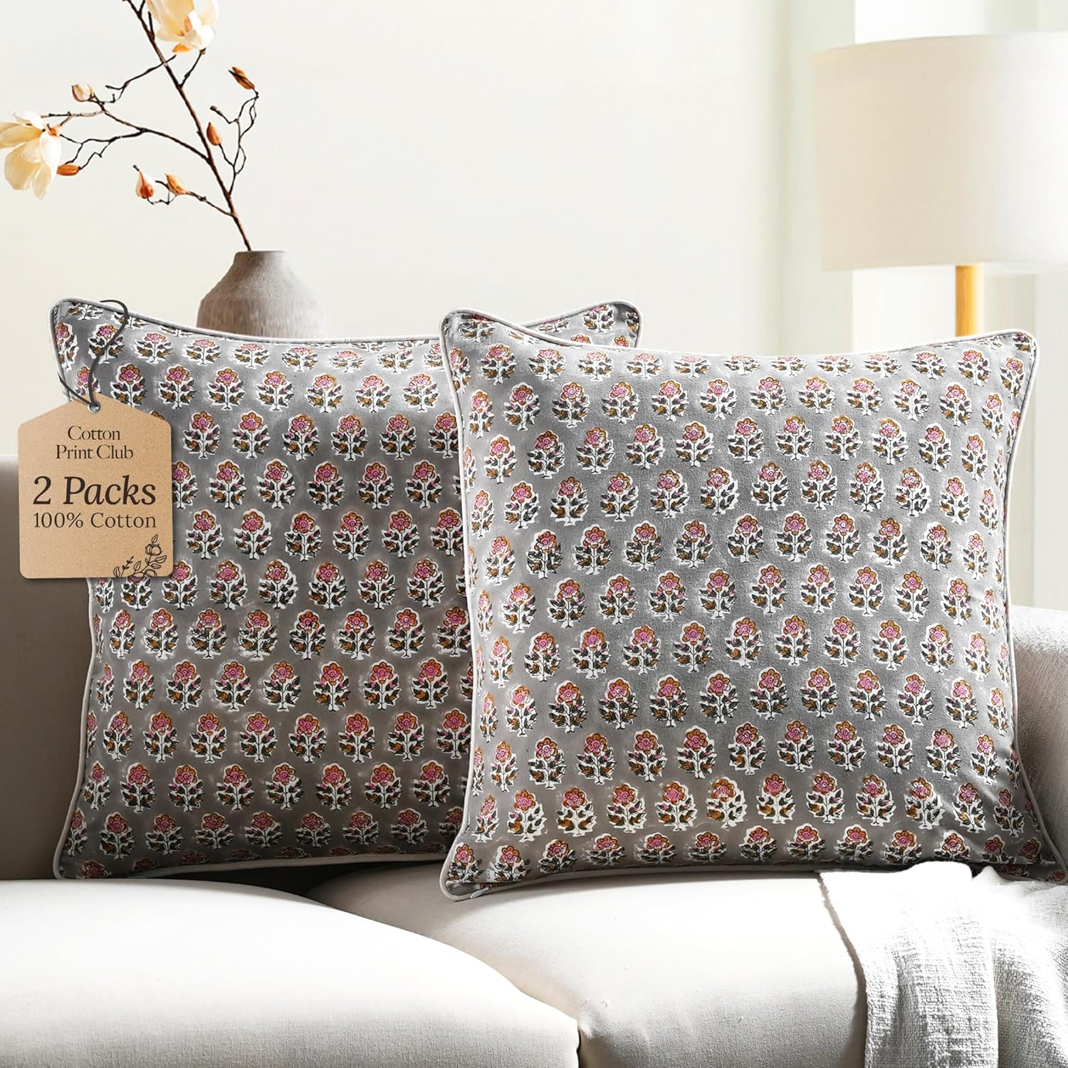 CPC 100% Cotton Throw Pillow Covers 18x18 Inch, Set of 2 Blue Block Print Pattern Couch Pillow, Cute Boho Decorative Pillows for Living Room, Bedroom with Hidden Zipper- Apatite Blue