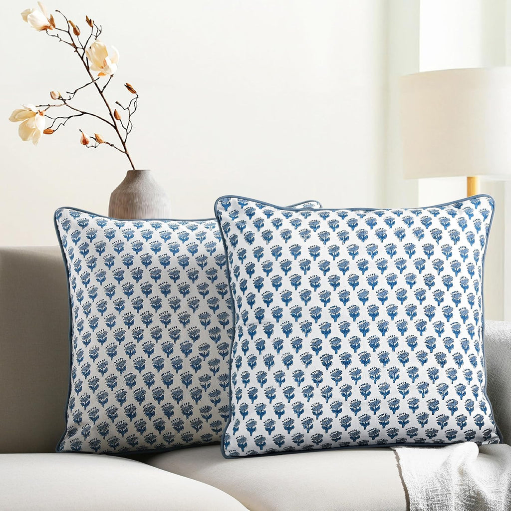 CPC 100% Cotton Throw Pillow Covers 18x18 Inch, Set of 2 Blue Block Print Pattern Couch Pillow, Cute Boho Decorative Pillows for Living Room, Bedroom with Hidden Zipper- Apatite Blue