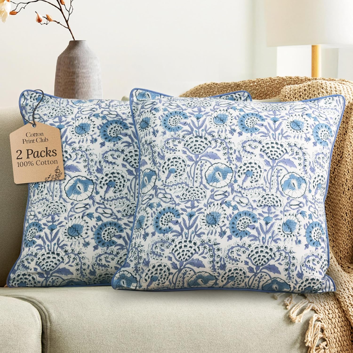 CPC 100% Cotton Throw Pillow Covers 18x18 Inch, Set of 2 Blue Block Print Pattern Couch Pillow, Cute Boho Decorative Pillows for Living Room, Bedroom with Hidden Zipper- Apatite Blue