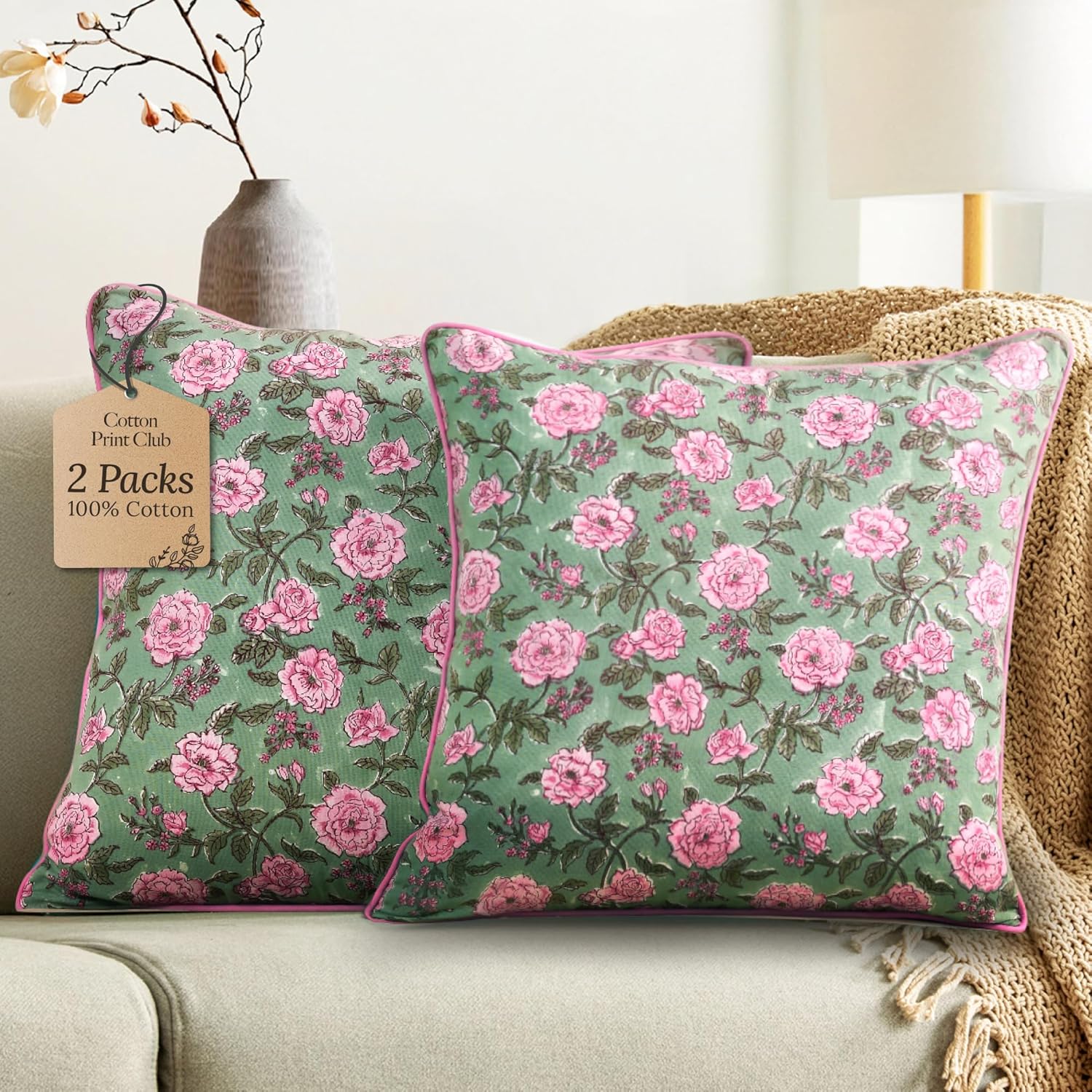 CPC 100% Cotton Throw Pillow Covers 18x18 Inch, Set of 2 Blue Block Print Pattern Couch Pillow, Cute Boho Decorative Pillows for Living Room, Bedroom with Hidden Zipper- Apatite Blue