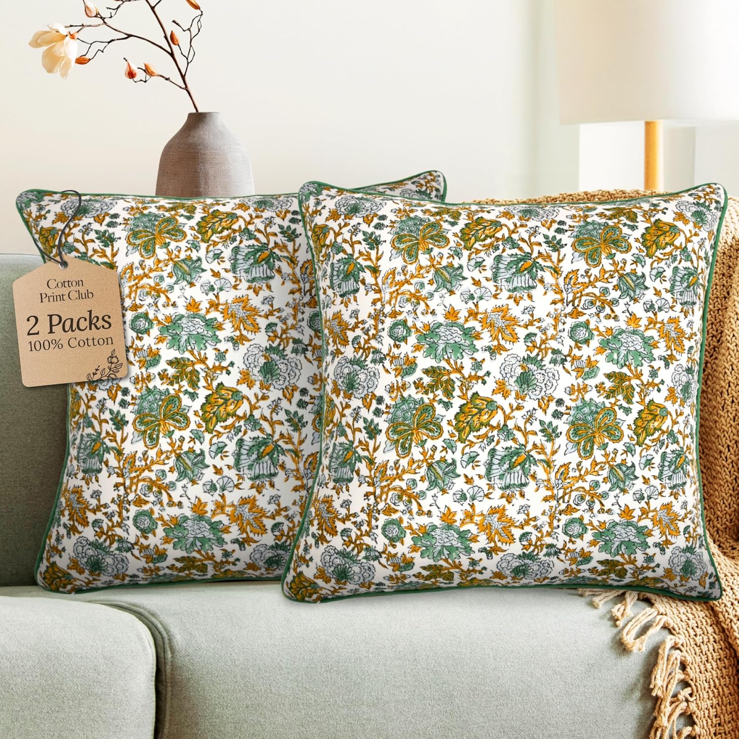 CPC 100% Cotton Throw Pillow Covers 18x18 Inch, Set of 2 Blue Block Print Pattern Couch Pillow, Cute Boho Decorative Pillows for Living Room, Bedroom with Hidden Zipper- Apatite Blue