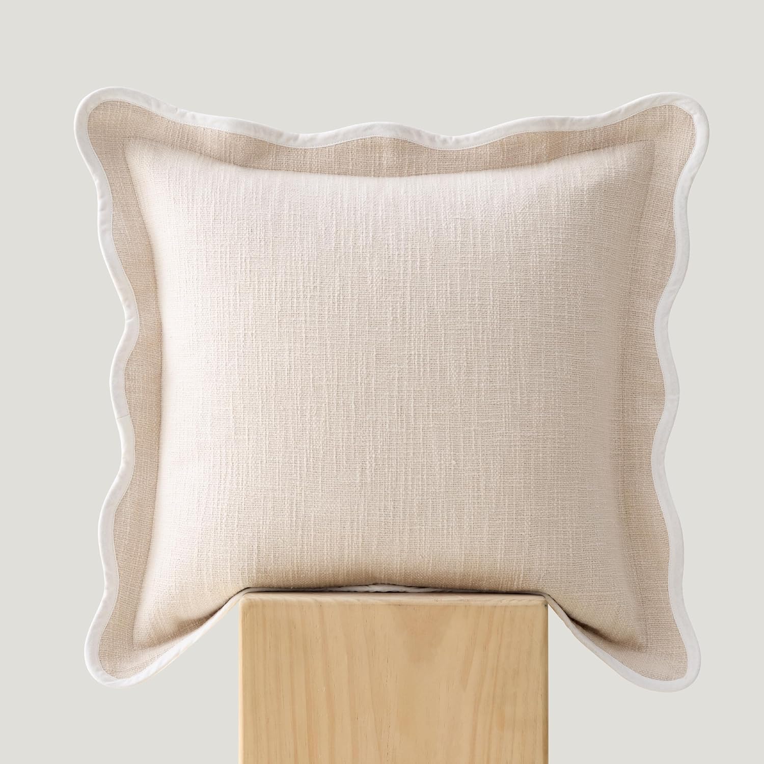 Double Stitch Scalloped Throw Pillow Covers - 100% Cotton Set of 2 Decorative Boho Pillow Covers 20 x 20, Made in India, Square Cushion Case, Modern Home Decor for Couch Sofa Living Room, Cream