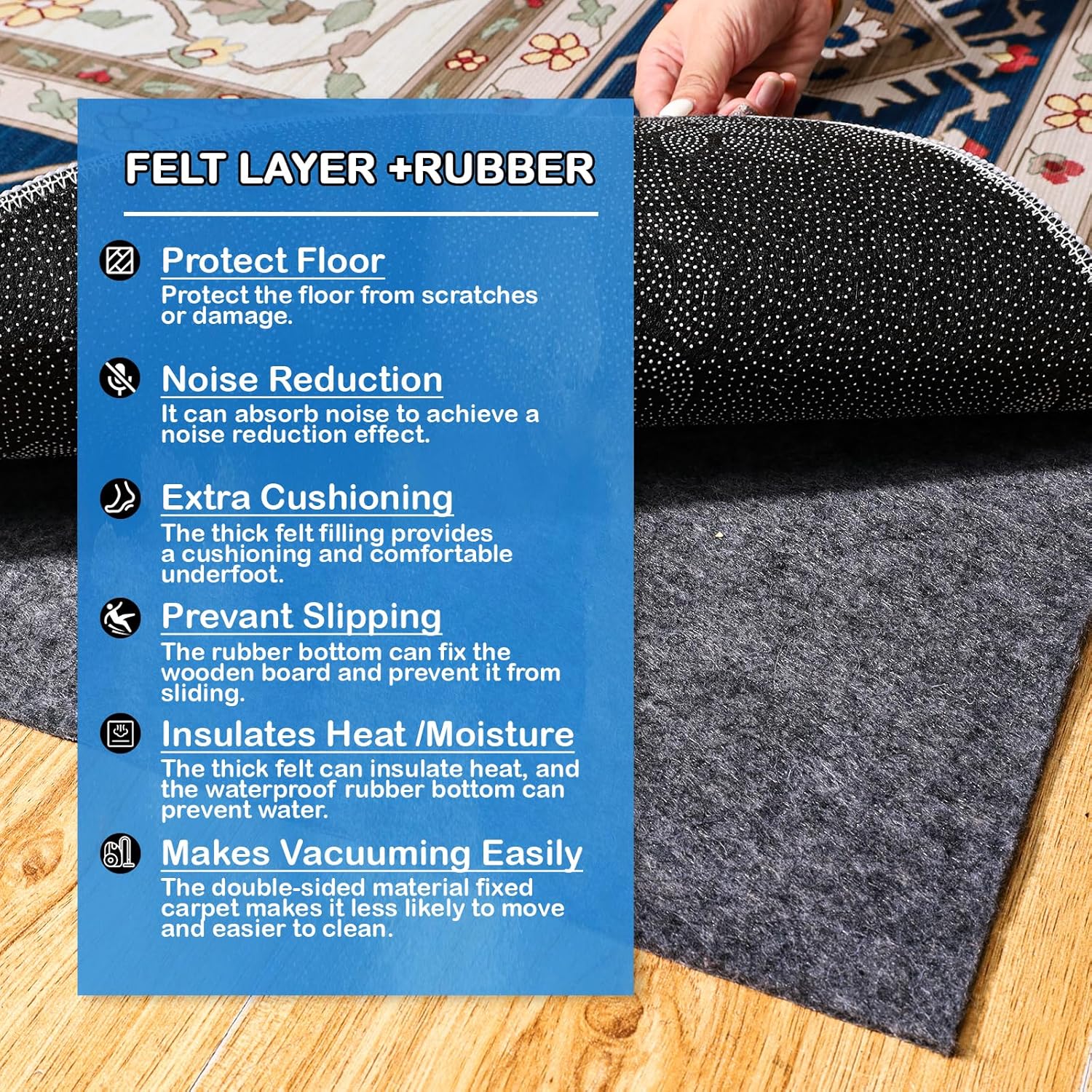 Non-Slip Rug Pads 8 x 10 ft, 100% Waterproof Extra Large Area Rugs Non Skid Rug Pad for All Floors and Finishes Durable Hardwood Floor Protective Felt Keeps Rugs in Place, Safe and Secure