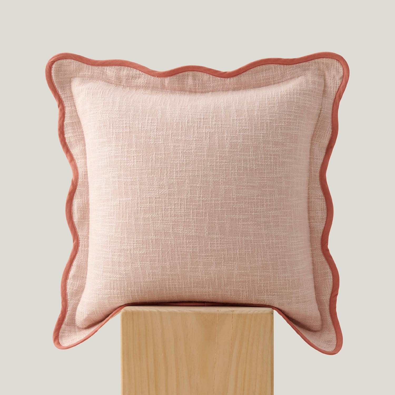 Double Stitch Scalloped Throw Pillow Covers - 100% Cotton Set of 2 Decorative Boho Pillow Covers 20 x 20, Made in India, Square Cushion Case, Modern Home Decor for Couch Sofa Living Room, Cream