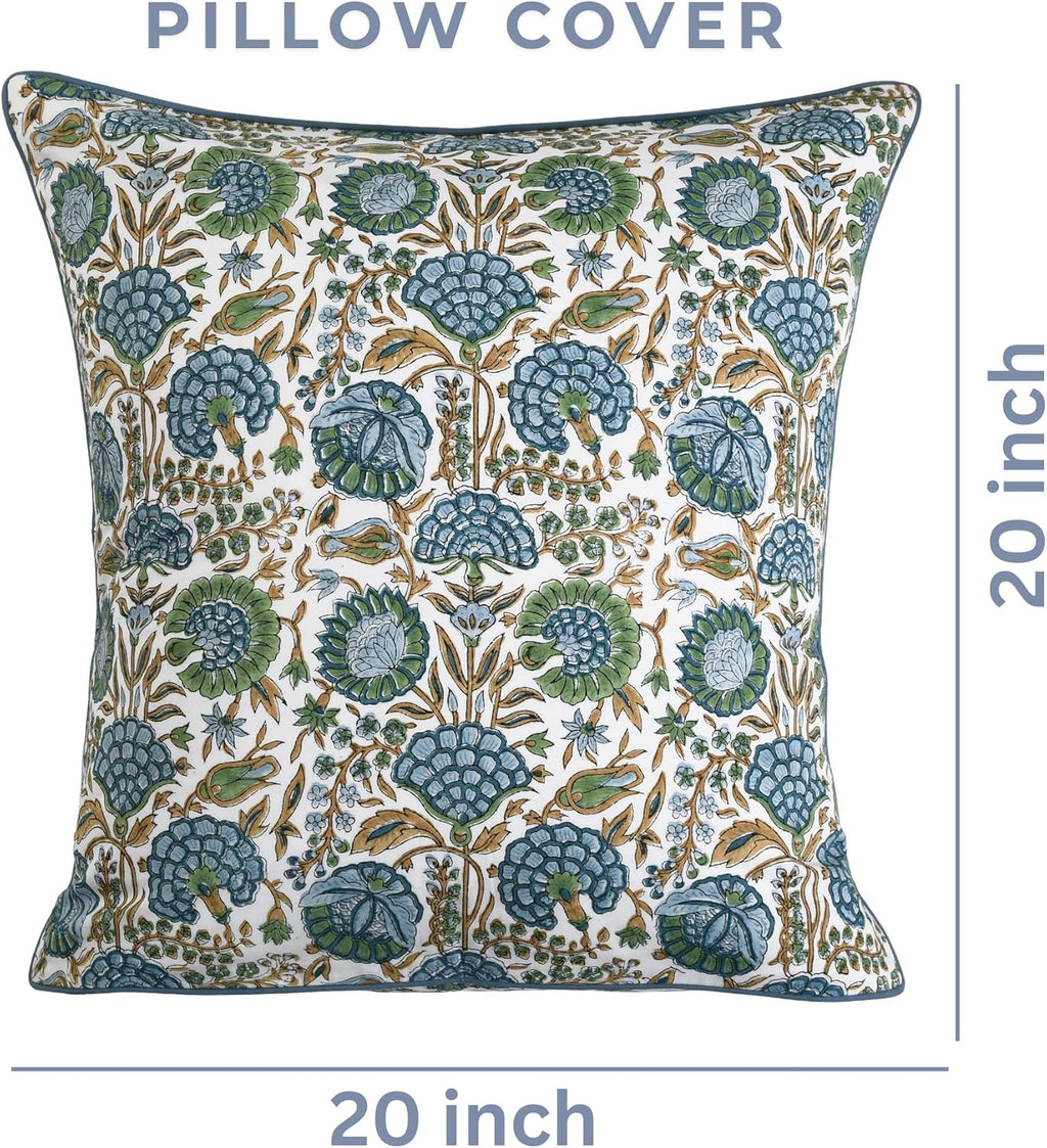 Ridhi Asparagus Green Print Cotton Throw Pillow Covers for Decorative Couch Pillows for Living Room, Chic Boho Cute Outdoor Thanksgiving Pillows Covers Gifts 20x20 Inches