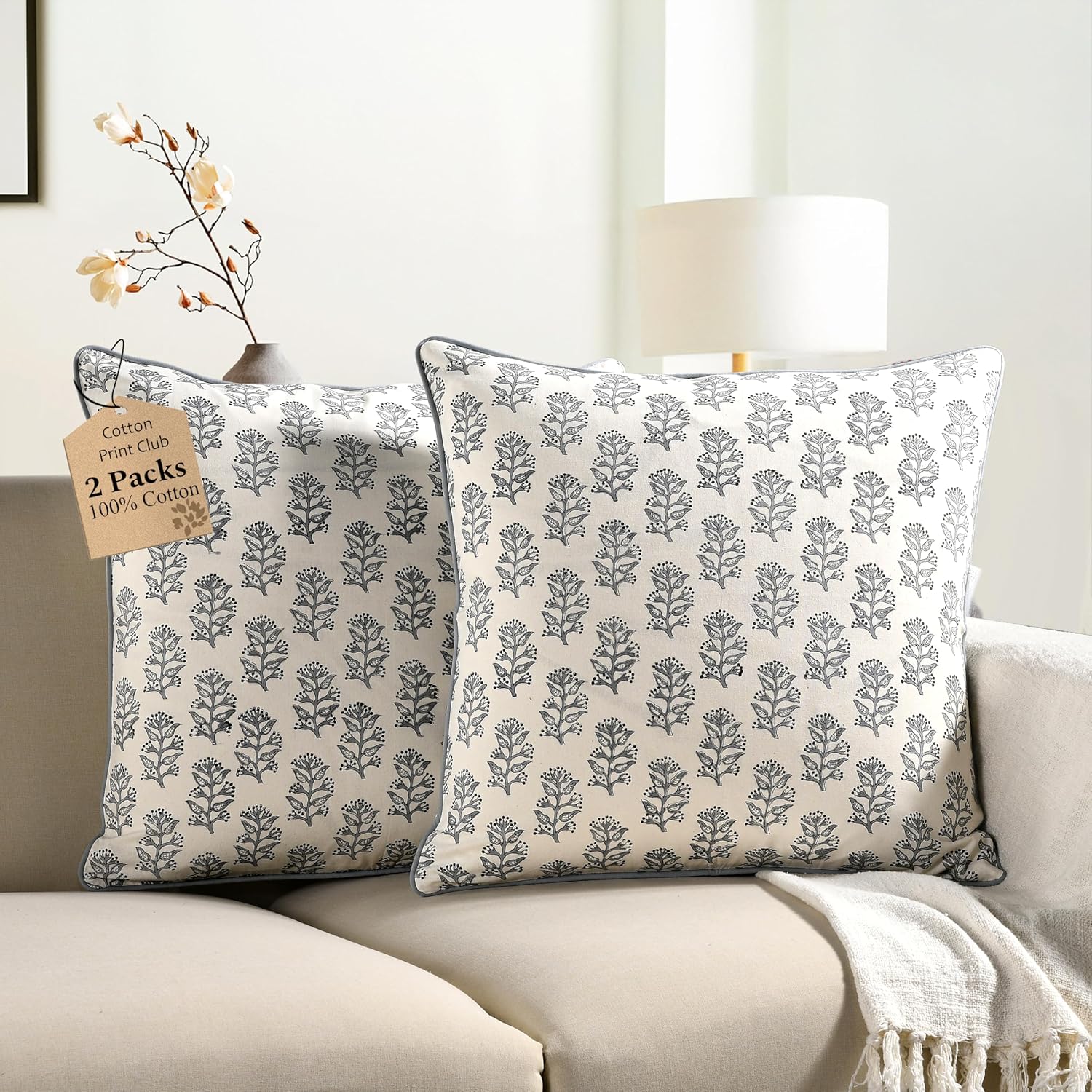 CPC 100% Cotton Throw Pillow Covers 18x18 Inch, Set of 2 Blue Block Print Pattern Couch Pillow, Cute Boho Decorative Pillows for Living Room, Bedroom with Hidden Zipper- Apatite Blue