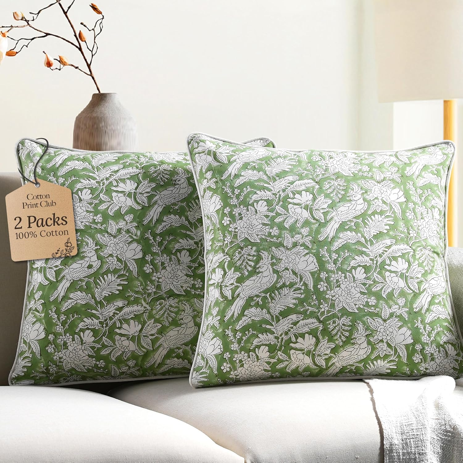 CPC 100% Cotton Throw Pillow Covers 18x18 Inch, Set of 2 Blue Block Print Pattern Couch Pillow, Cute Boho Decorative Pillows for Living Room, Bedroom with Hidden Zipper- Apatite Blue