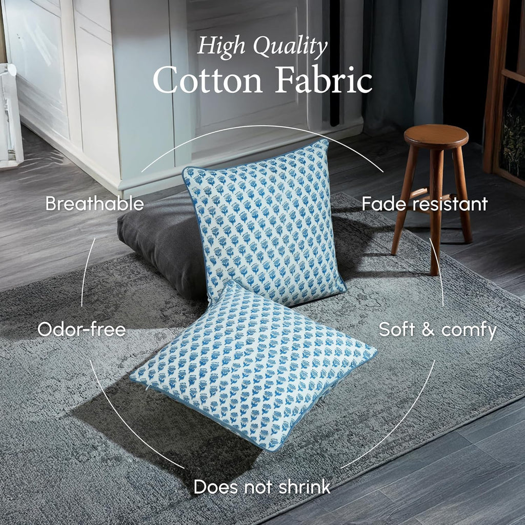 CPC 100% Cotton Throw Pillow Covers 18x18 Inch, Set of 2 Blue Block Print Pattern Couch Pillow, Cute Boho Decorative Pillows for Living Room, Bedroom with Hidden Zipper- Apatite Blue