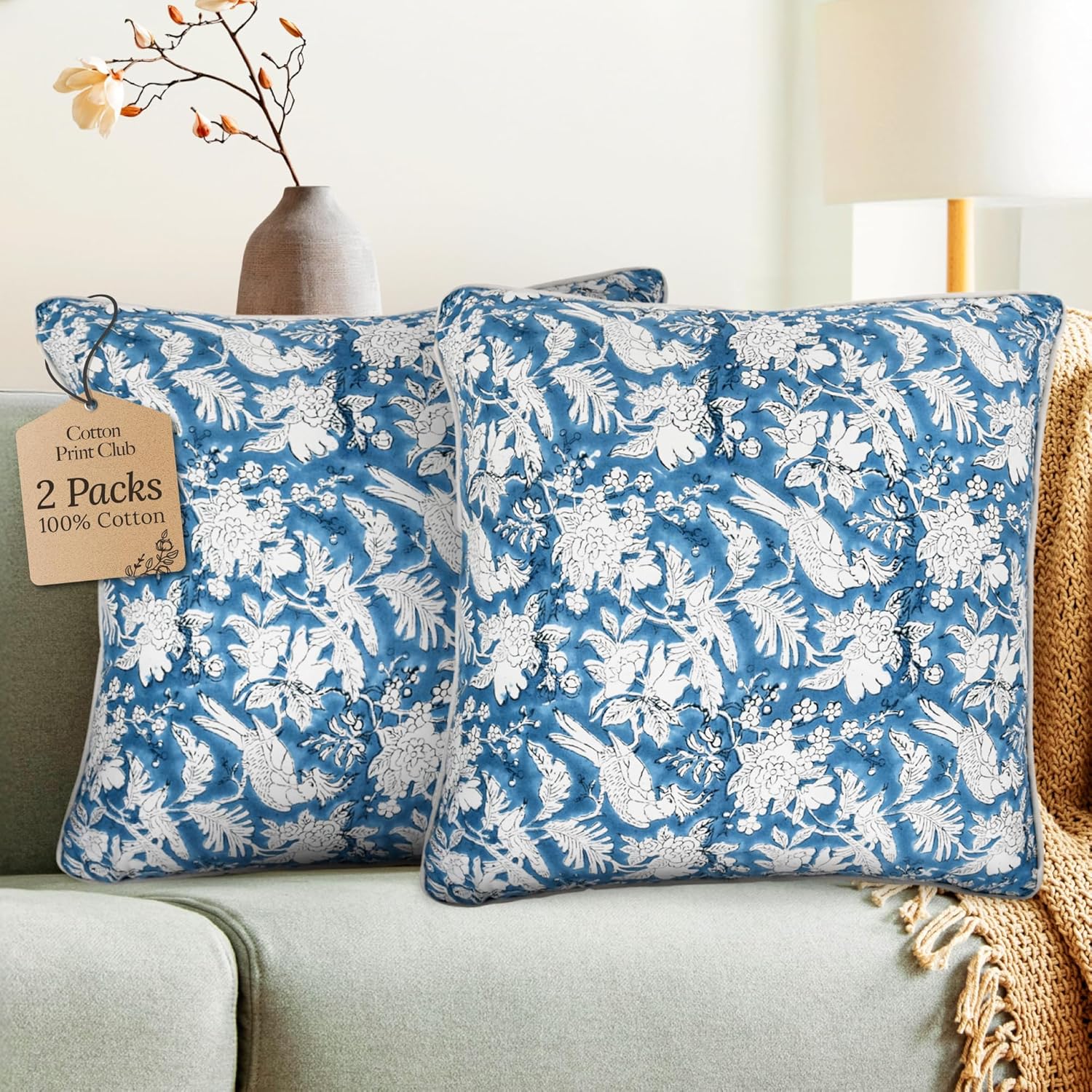 CPC 100% Cotton Throw Pillow Covers 18x18 Inch, Set of 2 Blue Block Print Pattern Couch Pillow, Cute Boho Decorative Pillows for Living Room, Bedroom with Hidden Zipper- Apatite Blue