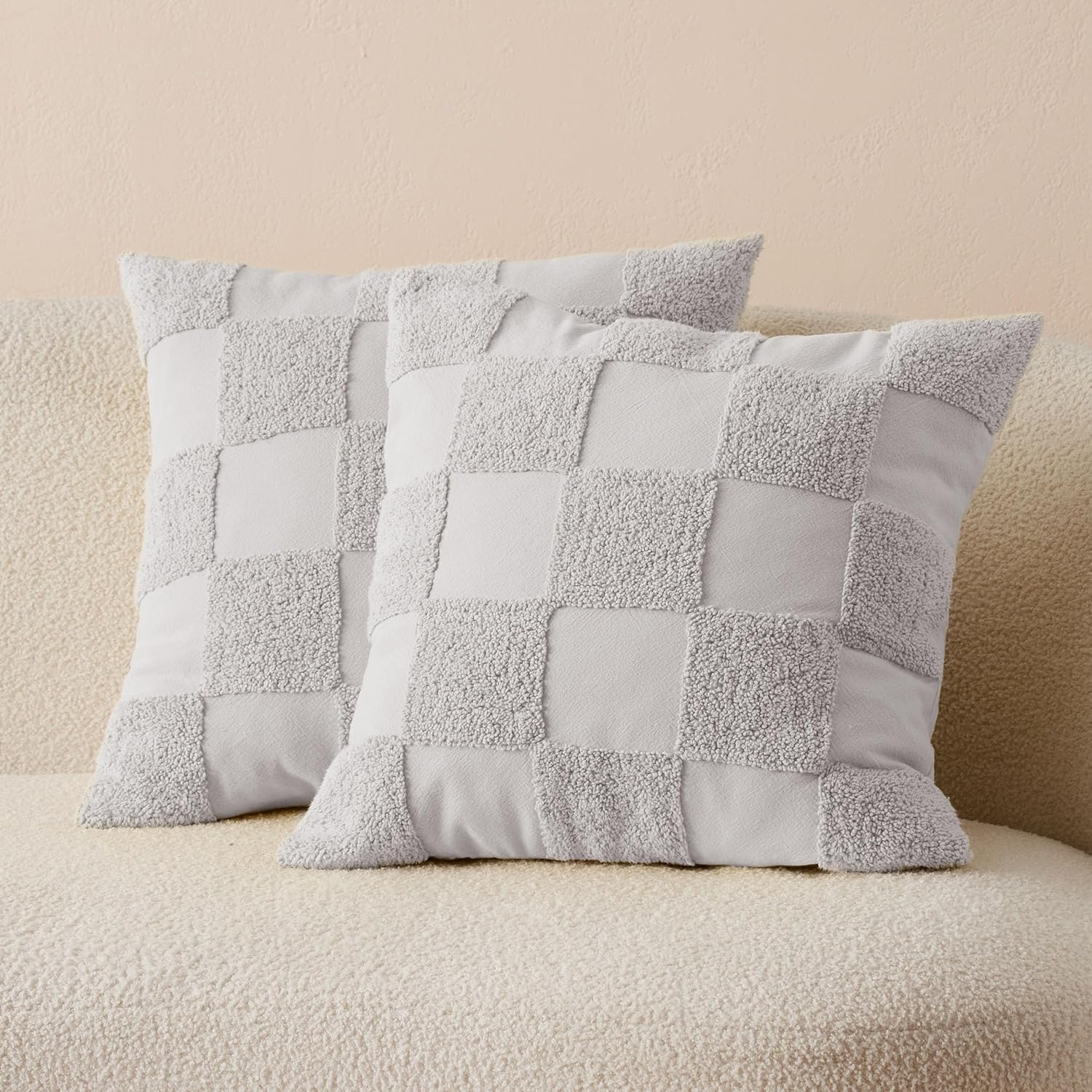 Double Stitch 100% Cotton Throw Pillow Covers - Checkered Tufted Boho Decorative Pillow Covers 20x20, Made in India, Square Cushion Case, Modern Home Decor for Couch, Sofa, Living Room, Charcoal Grey